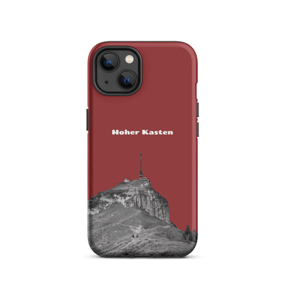 Rote iPhone-Hülle mit robustem Design und Hoher-Kasten-Motiv aus dem Alpstein, Seitenansicht.