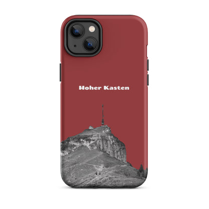 Rote iPhone-Hülle mit Hoher-Kasten-Design, robuste Schutzhülle aus strapazierfähigem Material, Seitenansicht.