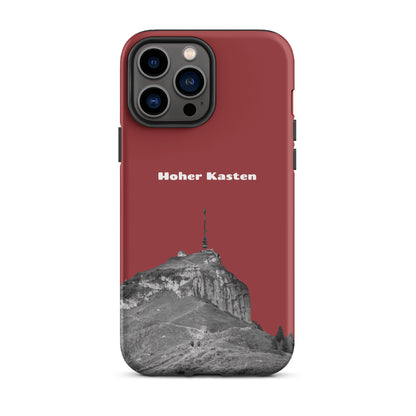 Rote iPhone-Hülle mit robustem Design und Hoher-Kasten-Alpstein-Motiv, Schutzhülle für iPhone.
