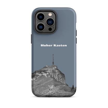 Schiefergraue iPhone-Hülle mit robustem Design und Hoher-Kasten-Motiv aus dem Alpstein.