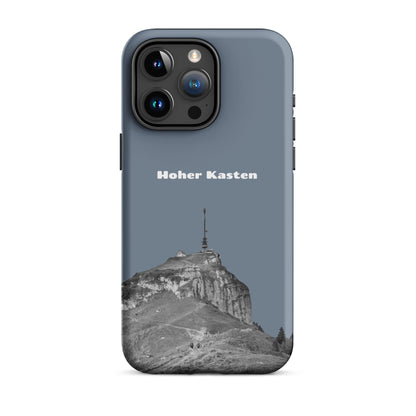Schiefergraue iPhone-Hülle mit Hoher-Kasten-Design, robust und stylisch, Alpstein-Motiv.