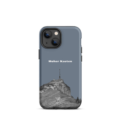 Robuste iPhone-Hülle in Schiefergrau mit Alpstein-Hohen-Kasten-Design, stoßfest und stilvoll.