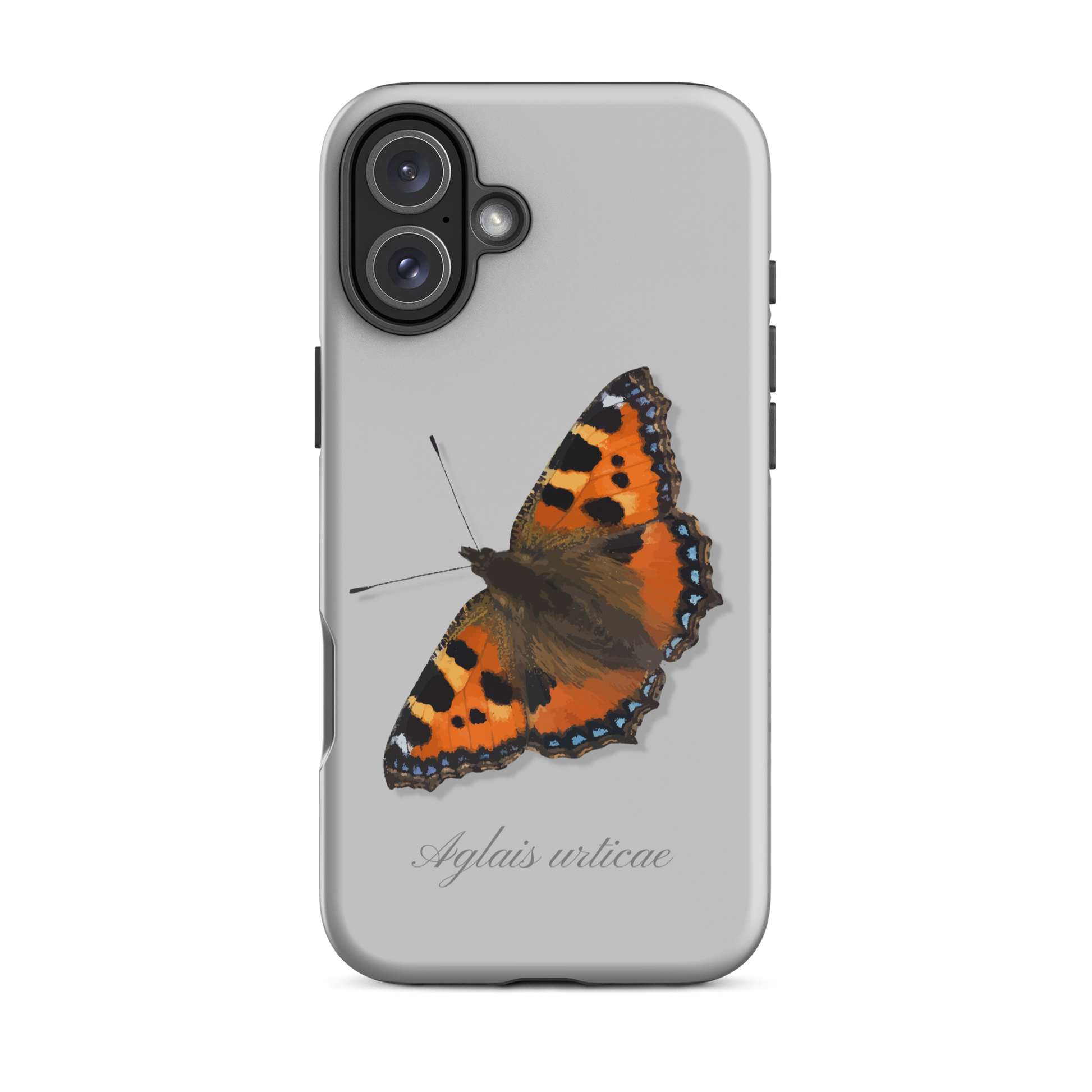 Graue Handyhülle mit Fuchsdesign für iPhone, Seitenansicht.