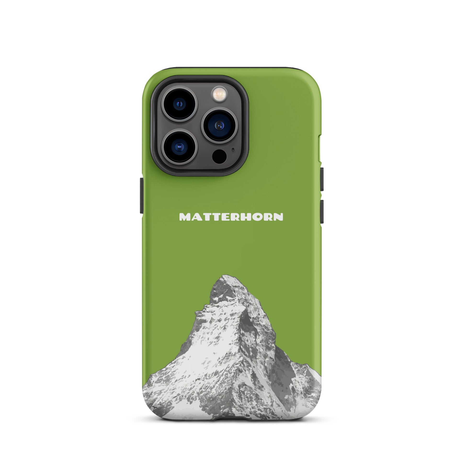 Gelbgrüne iPhone Hülle mit Matterhorn-Motiv, robustes Hard Case für Apple iPhone, Zermatt Design.