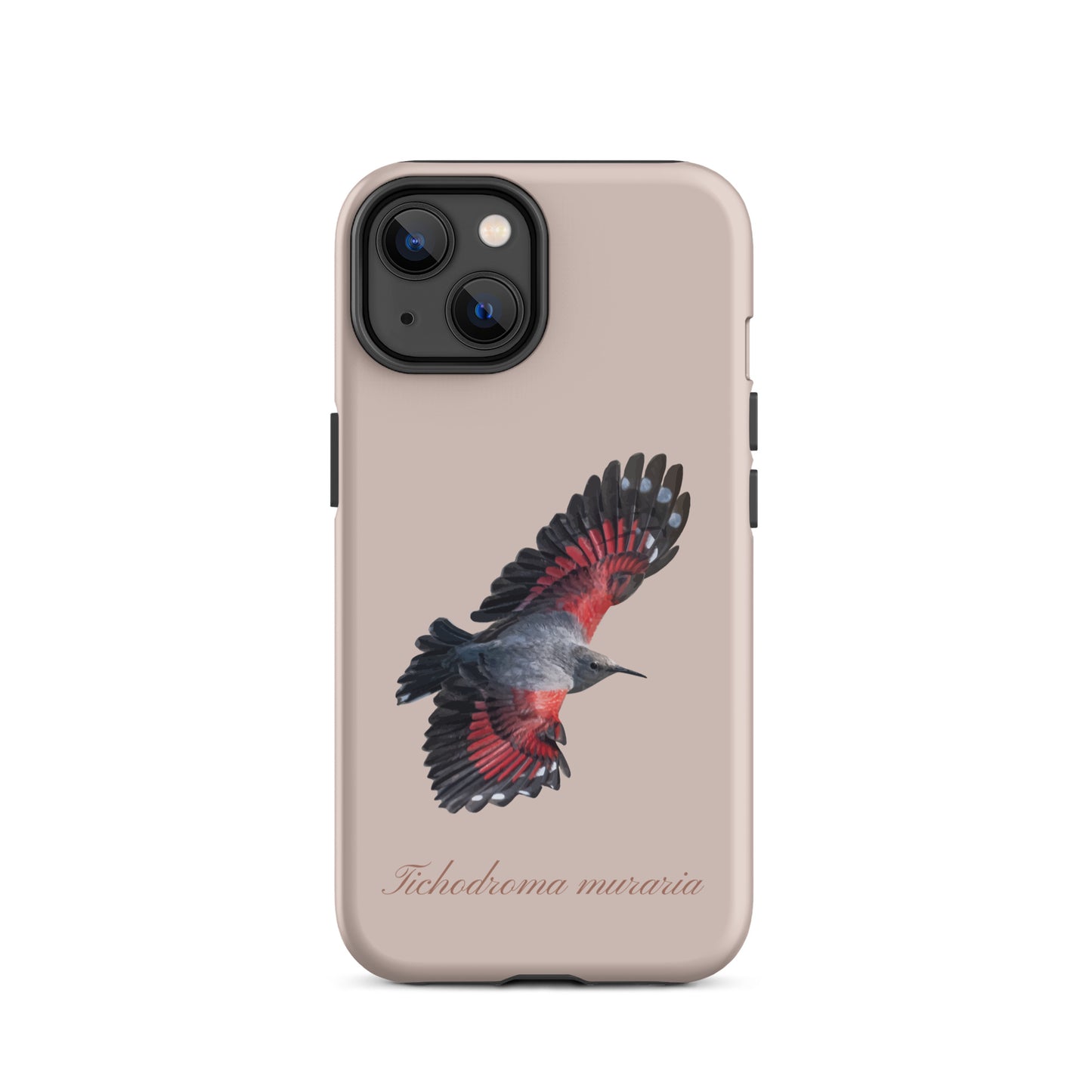 Rosa iPhone Schutzhülle mit Mauerläufer Design, seitliche Ansicht, schützende Handyhülle aus robustem Material.