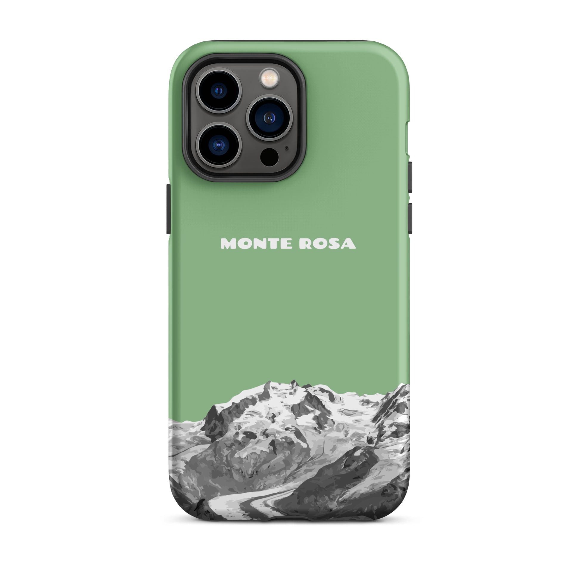 Hellgrüne iPhone 14 Pro Max Hülle mit Monte Rosa Design, schützende Silikonhülle.