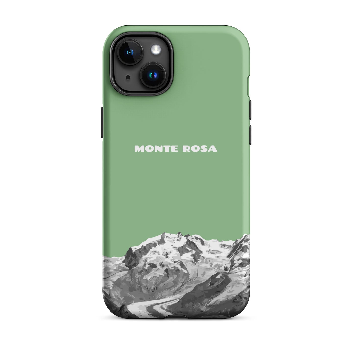 Hellgrüne iPhone 15 Plus Hülle mit Monte Rosa Design, schützende Silikonhülle für Apple iPhone.