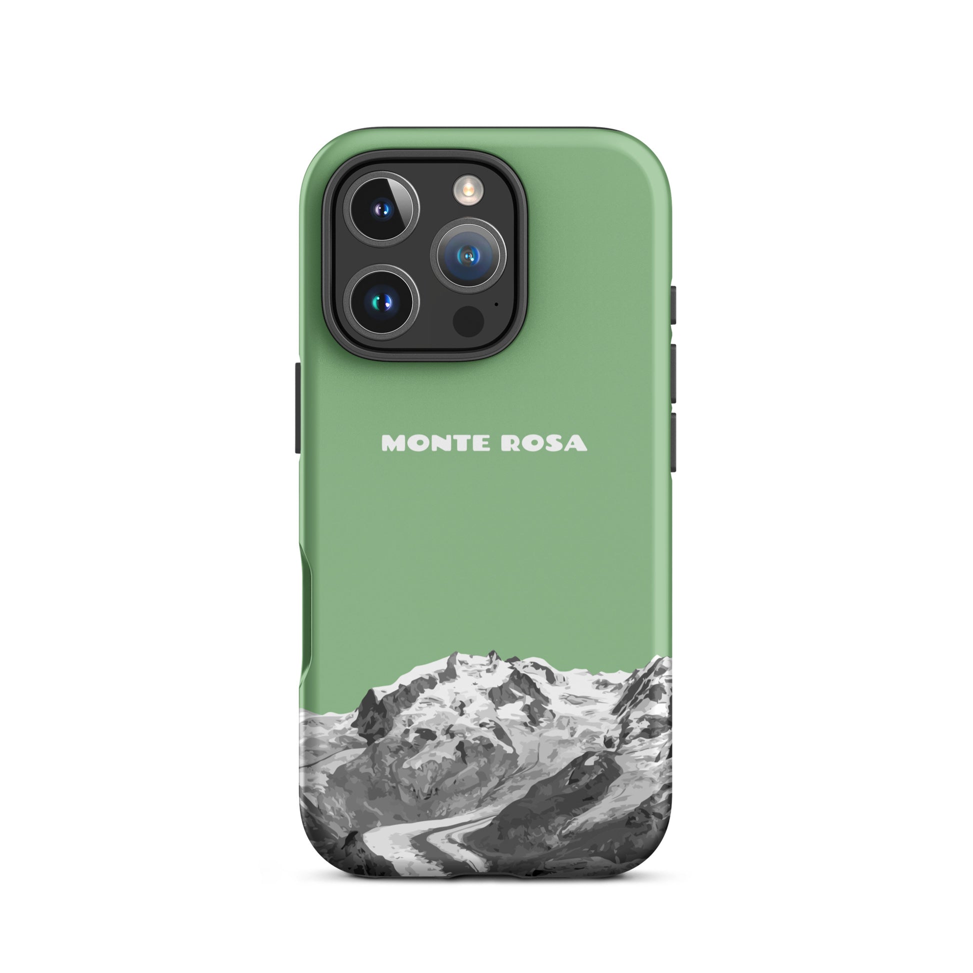 Hellgrüne Silikon-Schutzhülle mit Monte Rosa Design für Apple iPhone 16 Pro, Rückansicht