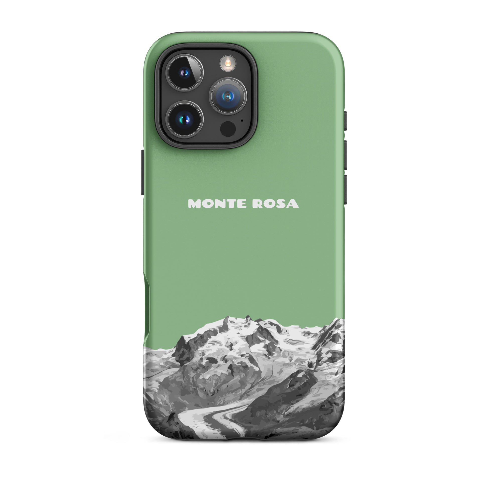 Hellgrüne iPhone 16 Pro Max Hülle mit Monte Rosa Design, schützende Silikonhülle.