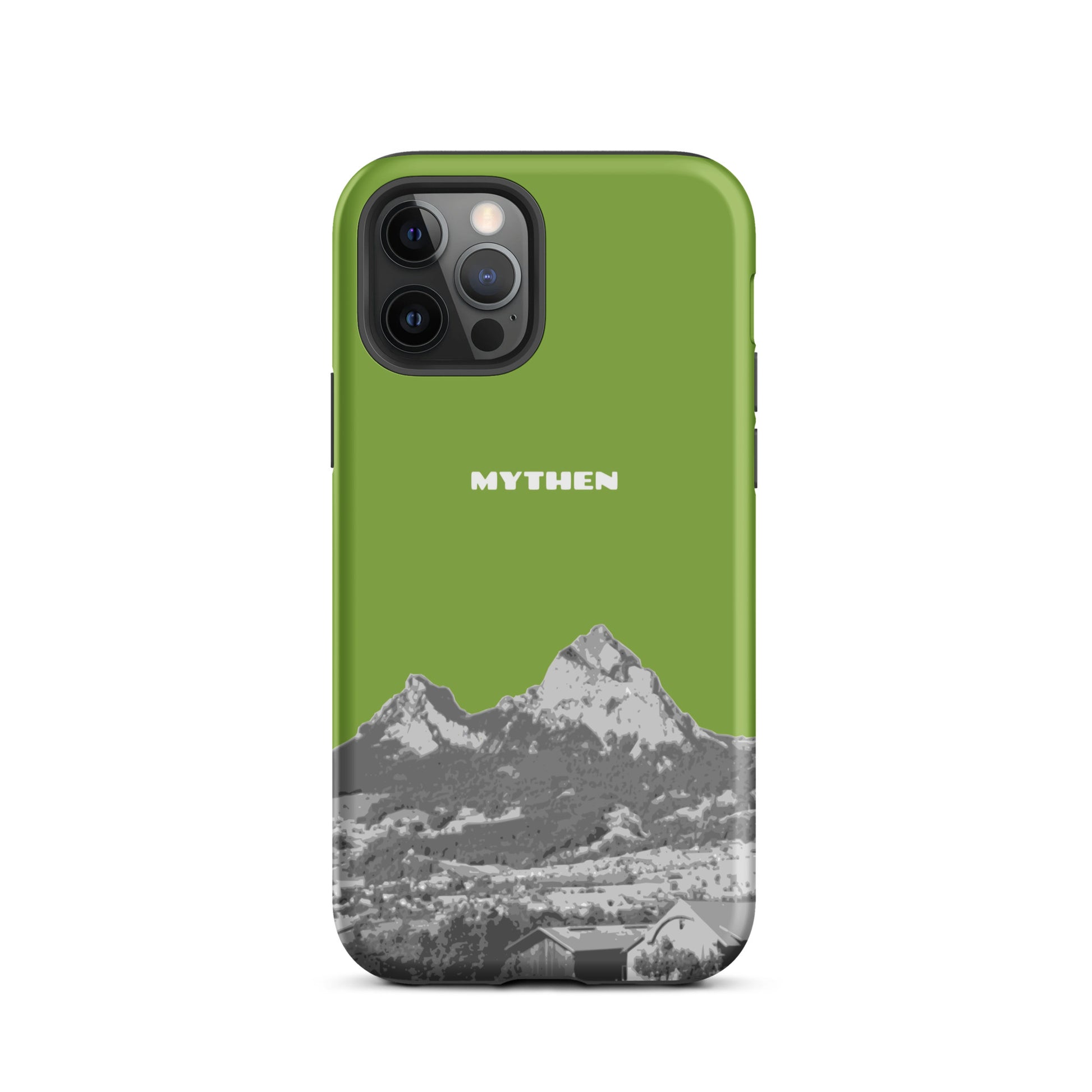 Hülle für das iPhone 12 Pro von Apple in der Farbe Gelbgrün, die den Grossen Mythen und den Kleinen Mythen bei Schwyz zeigt. 