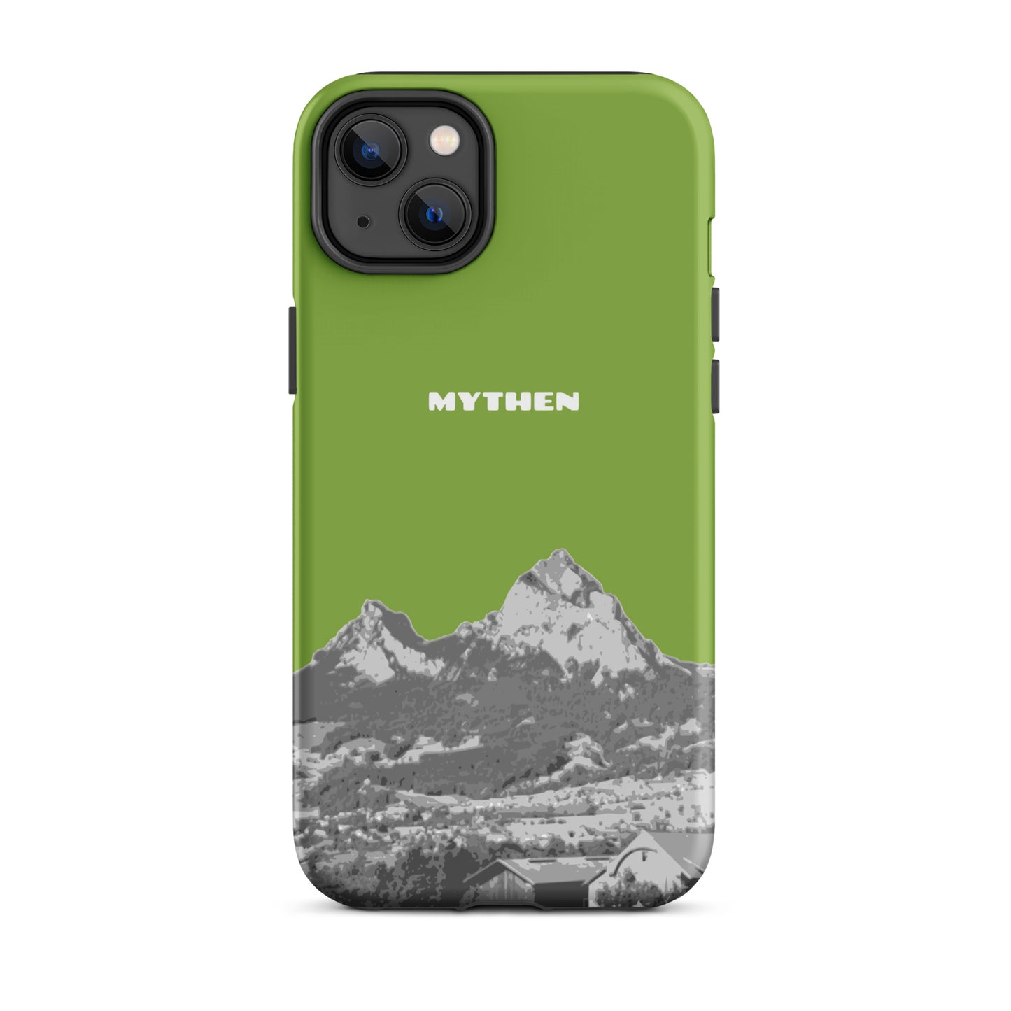 Hülle für das iPhone 14 Plus von Apple in der Farbe Gelbgrün, die den Grossen Mythen und den Kleinen Mythen bei Schwyz zeigt. 