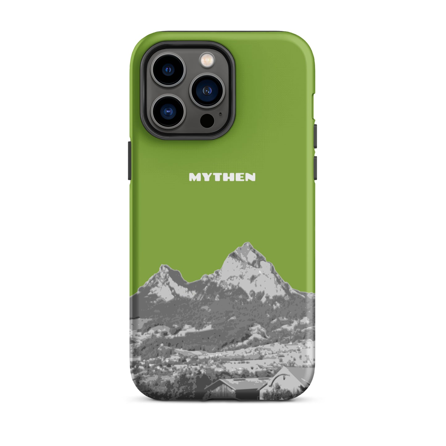 Hülle für das iPhone 14 Pro Max von Apple in der Farbe Gelbgrün, die den Grossen Mythen und den Kleinen Mythen bei Schwyz zeigt. 