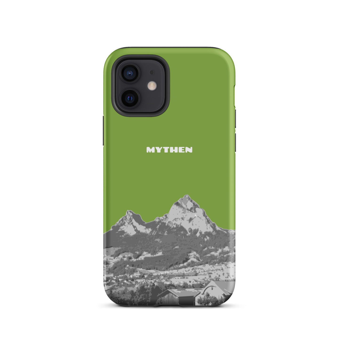 Hülle für das iPhone 12 von Apple in der Farbe Gelbgrün, die den Grossen Mythen und den Kleinen Mythen bei Schwyz zeigt. 