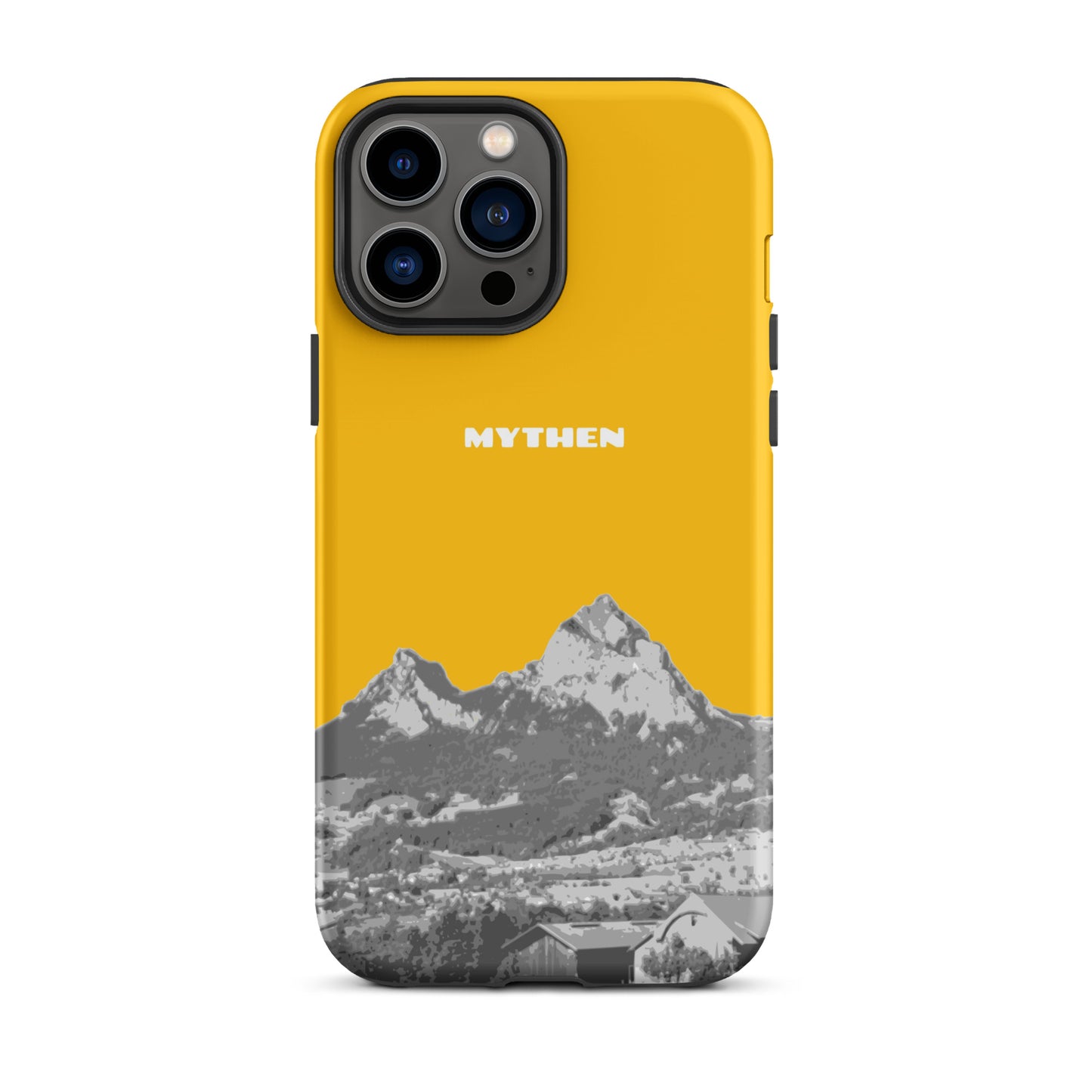 Hülle für das iPhone 13 Pro Max von Apple in der Farbe Goldgelb, dass den Grossen Mythen und den Kleinen Mythen bei Schwyz zeigt. 