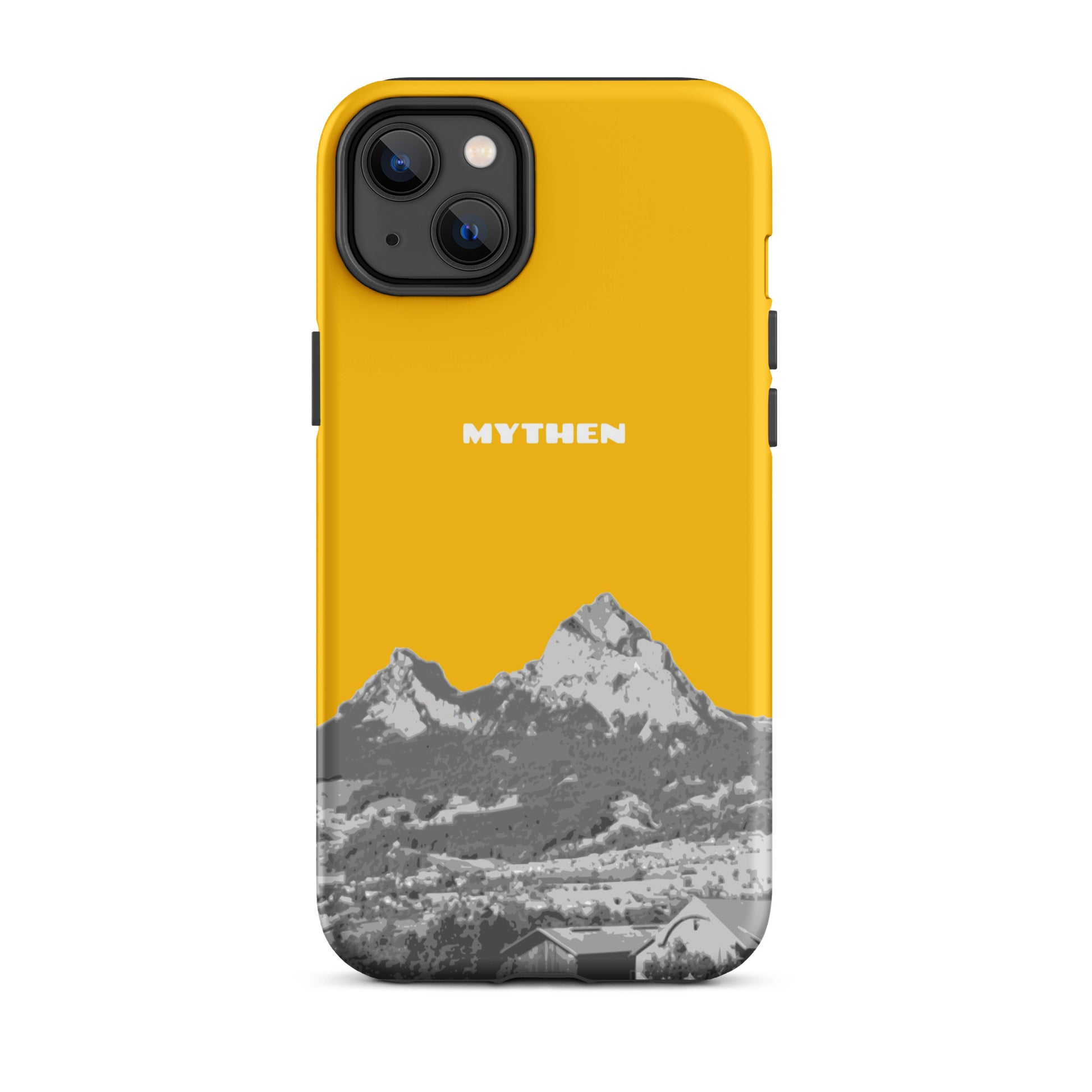 Hülle für das iPhone 14 Plus von Apple in der Farbe Goldgelb, dass den Grossen Mythen und den Kleinen Mythen bei Schwyz zeigt. 