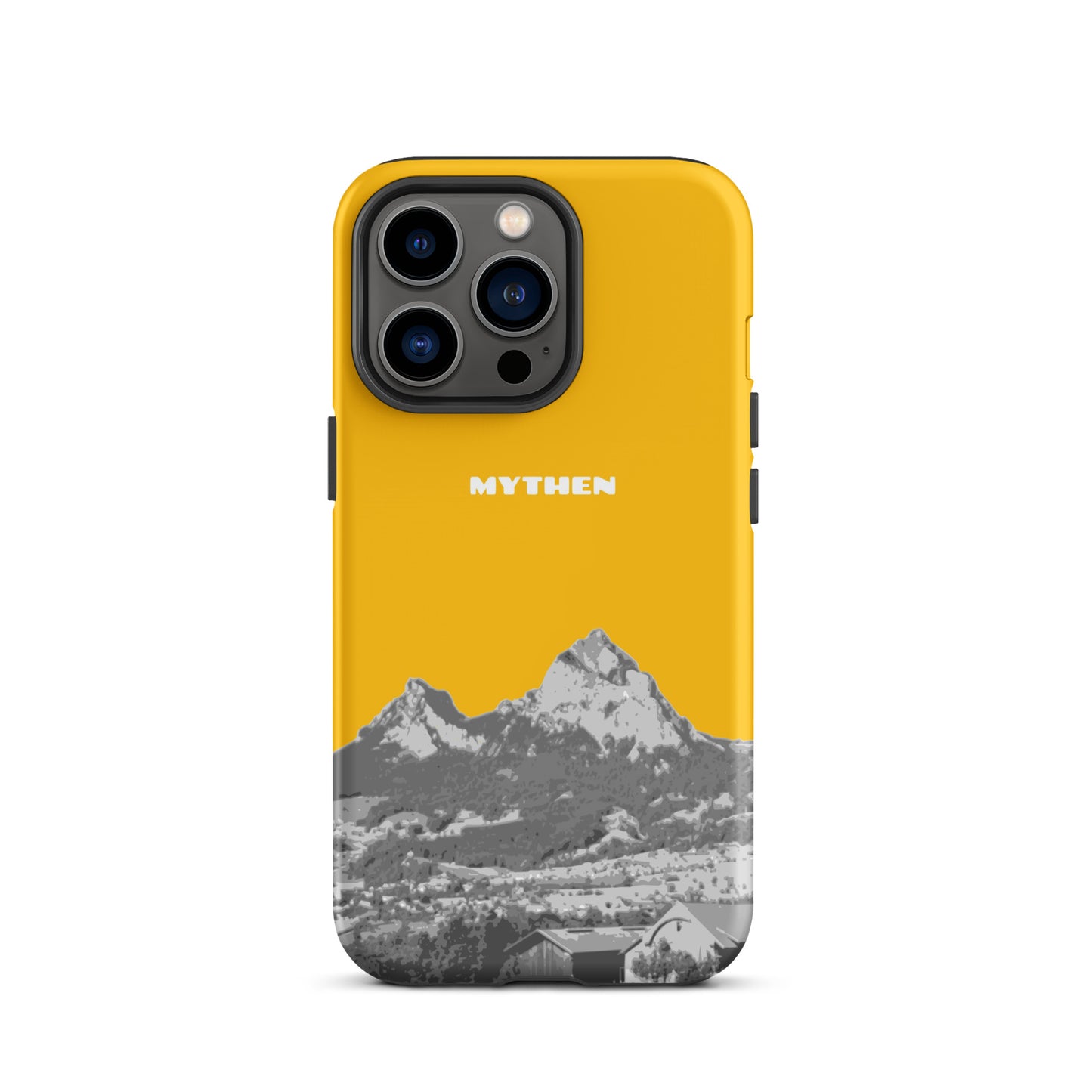 Hülle für das iPhone 13 Pro von Apple in der Farbe Goldgelb, dass den Grossen Mythen und den Kleinen Mythen bei Schwyz zeigt. 