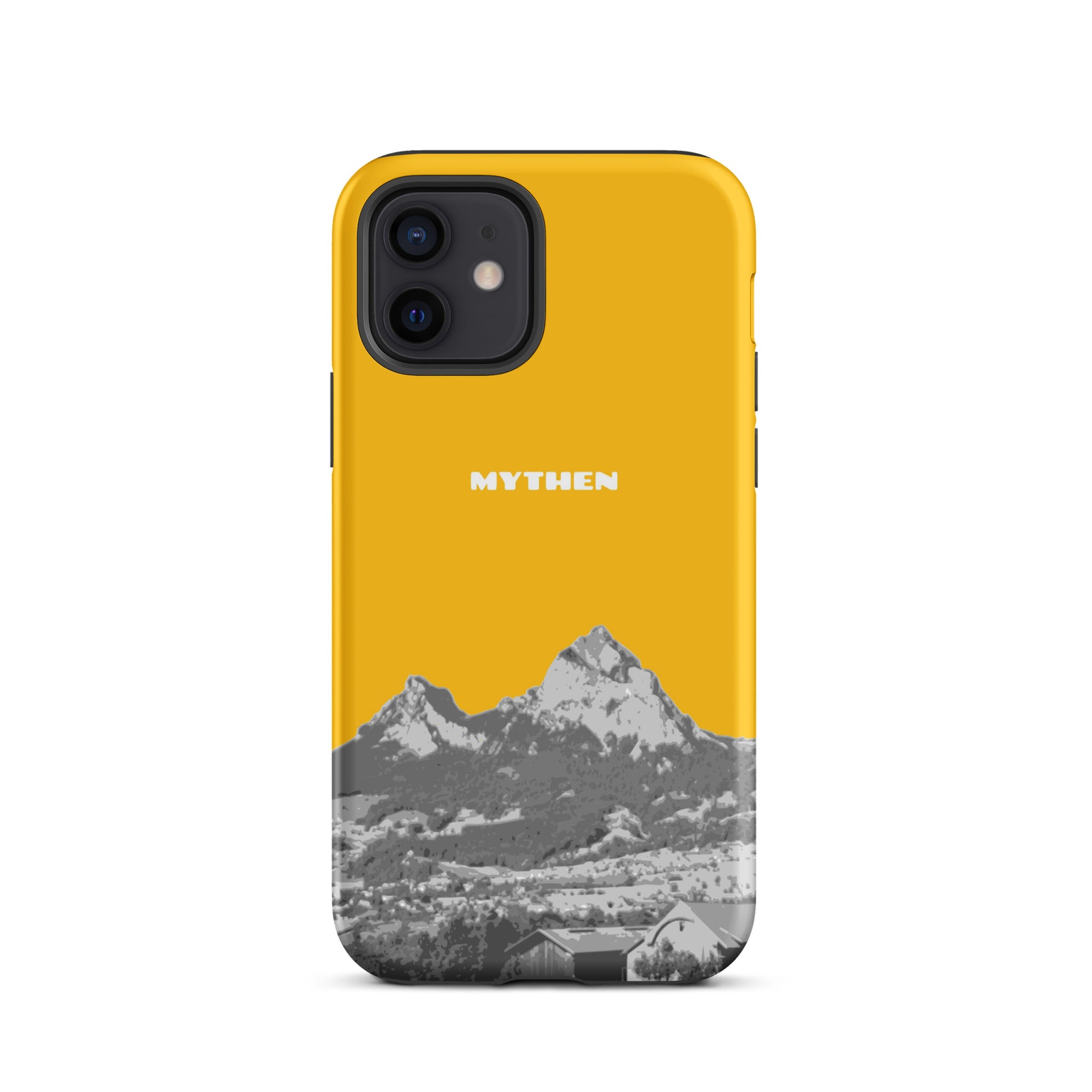 Hülle für das iPhone 12 von Apple in der Farbe Goldgelb, dass den Grossen Mythen und den Kleinen Mythen bei Schwyz zeigt. 