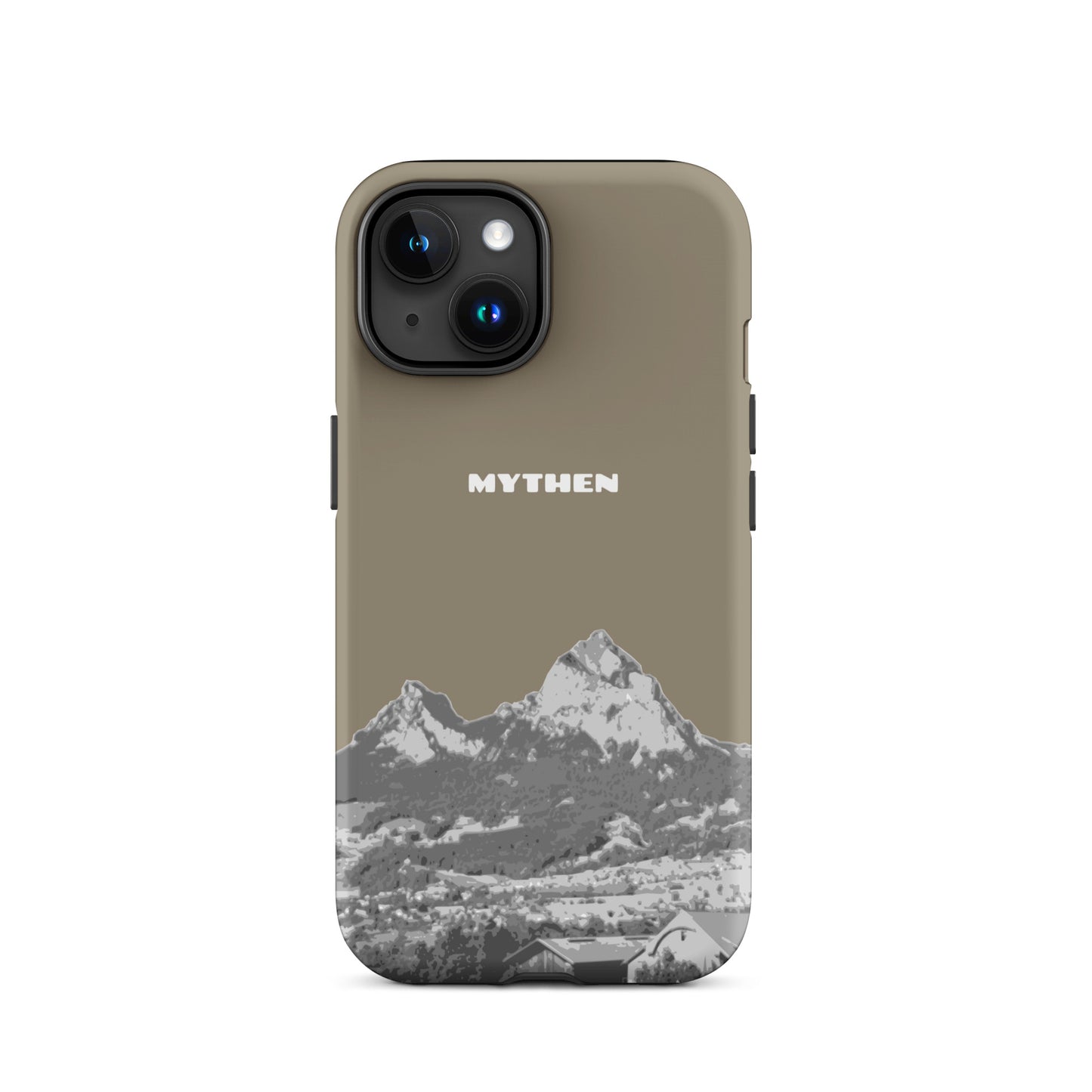Hülle für das iPhone 15 von Apple in der Farbe Graubraun, dass den Grossen Mythen und den Kleinen Mythen bei Schwyz zeigt. 