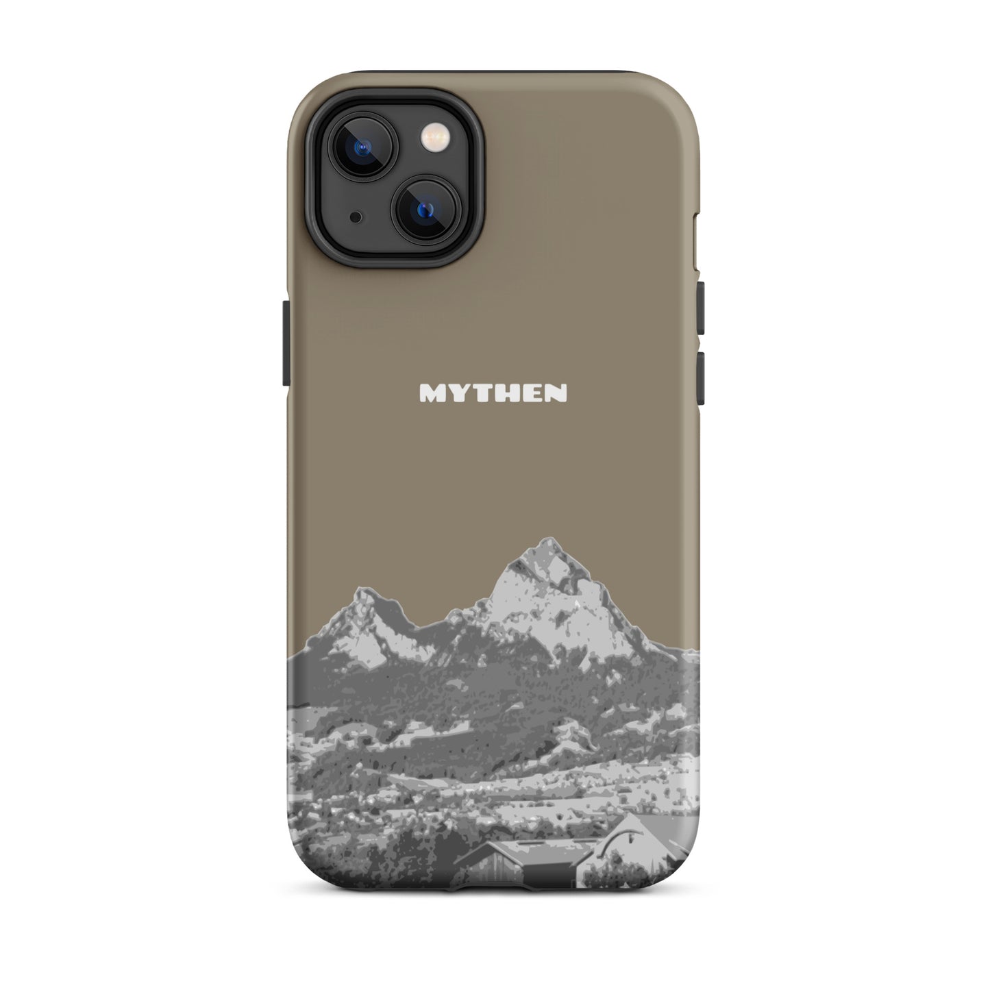 Hülle für das iPhone 14 Plus von Apple in der Farbe Graubraun, dass den Grossen Mythen und den Kleinen Mythen bei Schwyz zeigt. 