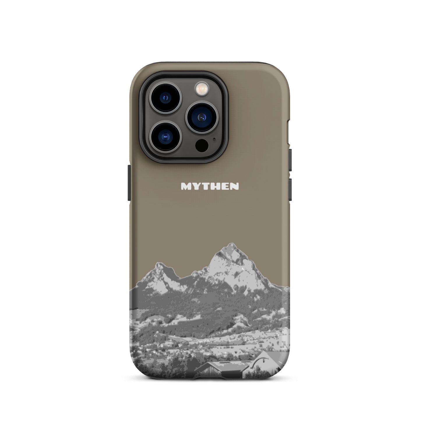 Hülle für das iPhone 14 Pro von Apple in der Farbe Graubraun, dass den Grossen Mythen und den Kleinen Mythen bei Schwyz zeigt. 