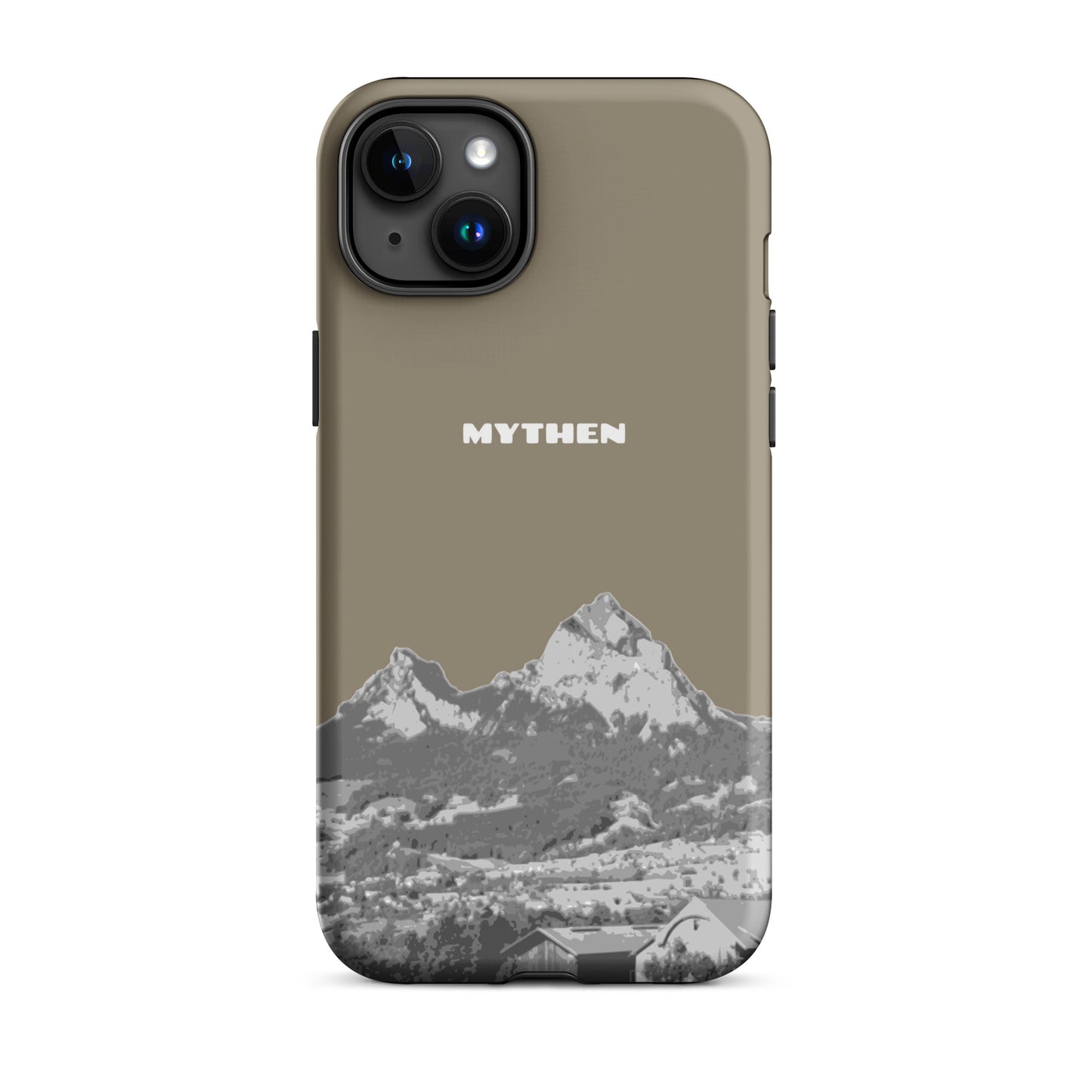 Hülle für das iPhone 15 Plus von Apple in der Farbe Graubraun, dass den Grossen Mythen und den Kleinen Mythen bei Schwyz zeigt. 
