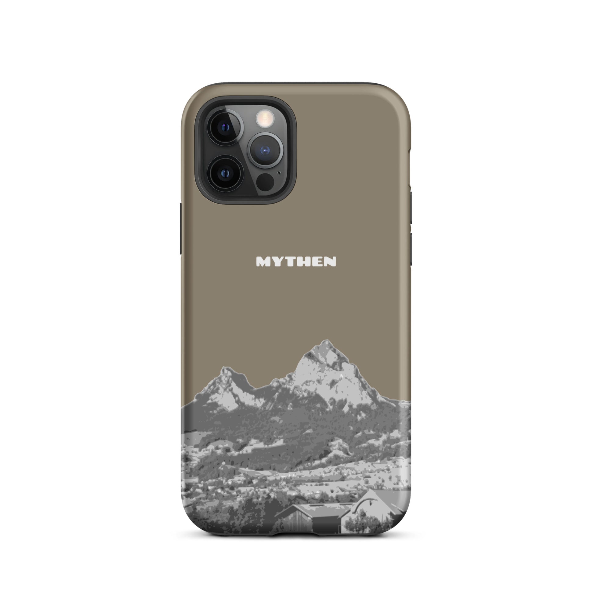 Hülle für das iPhone 12 Pro von Apple in der Farbe Graubraun, dass den Grossen Mythen und den Kleinen Mythen bei Schwyz zeigt. 