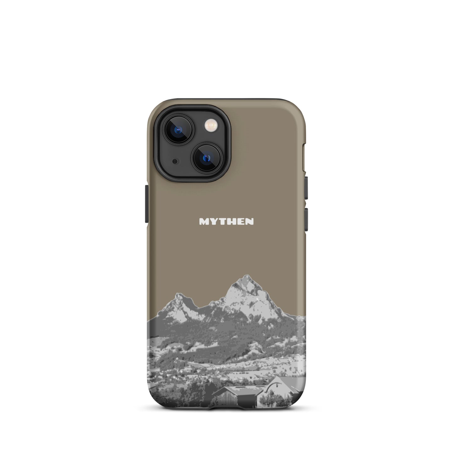 Hülle für das iPhone 13 mini von Apple in der Farbe Graubraun, dass den Grossen Mythen und den Kleinen Mythen bei Schwyz zeigt. 