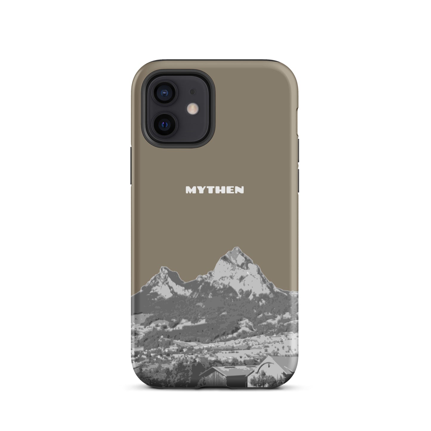 Hülle für das iPhone 12 von Apple in der Farbe Graubraun, dass den Grossen Mythen und den Kleinen Mythen bei Schwyz zeigt. 