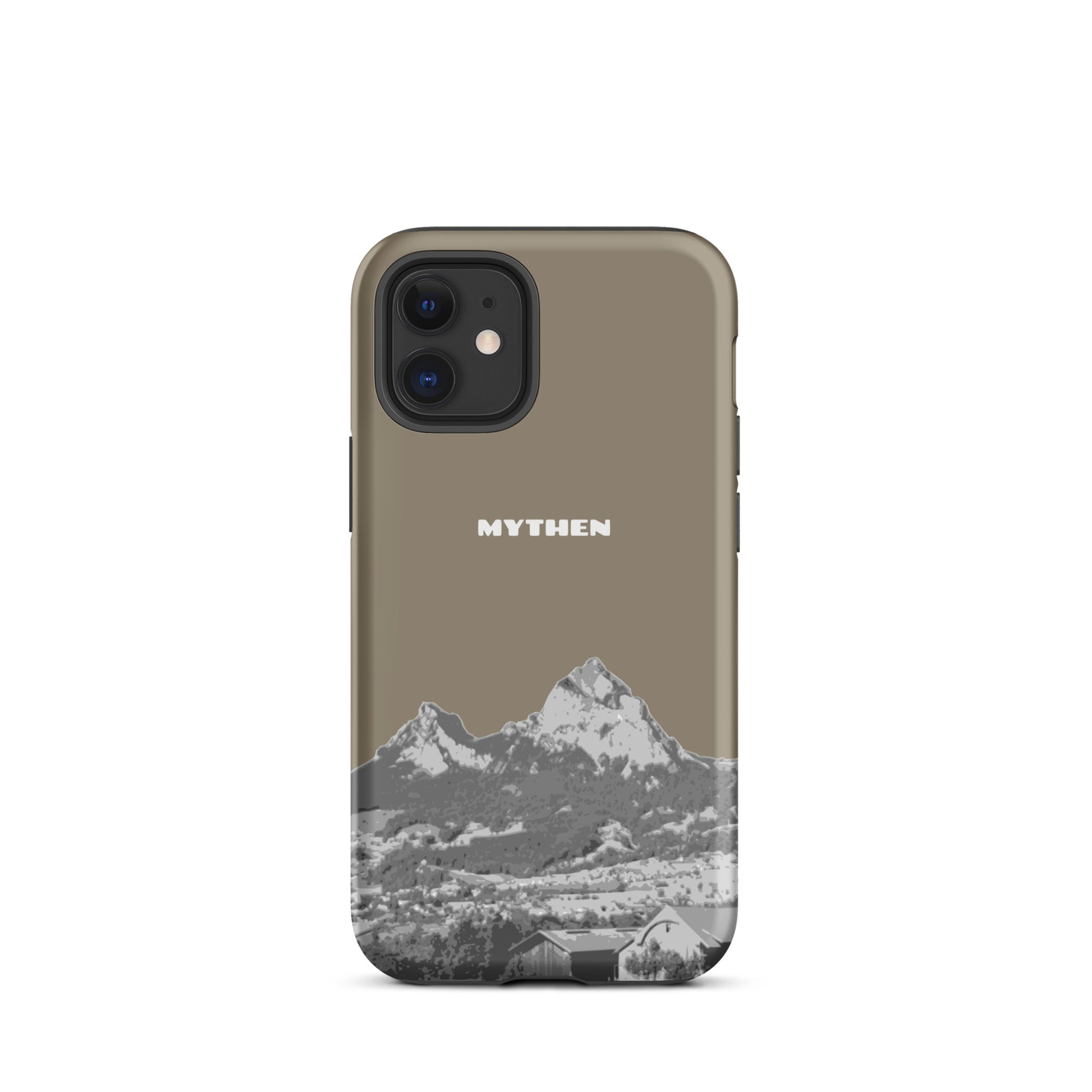 Hülle für das iPhone 12 mini von Apple in der Farbe Graubraun, dass den Grossen Mythen und den Kleinen Mythen bei Schwyz zeigt. 
