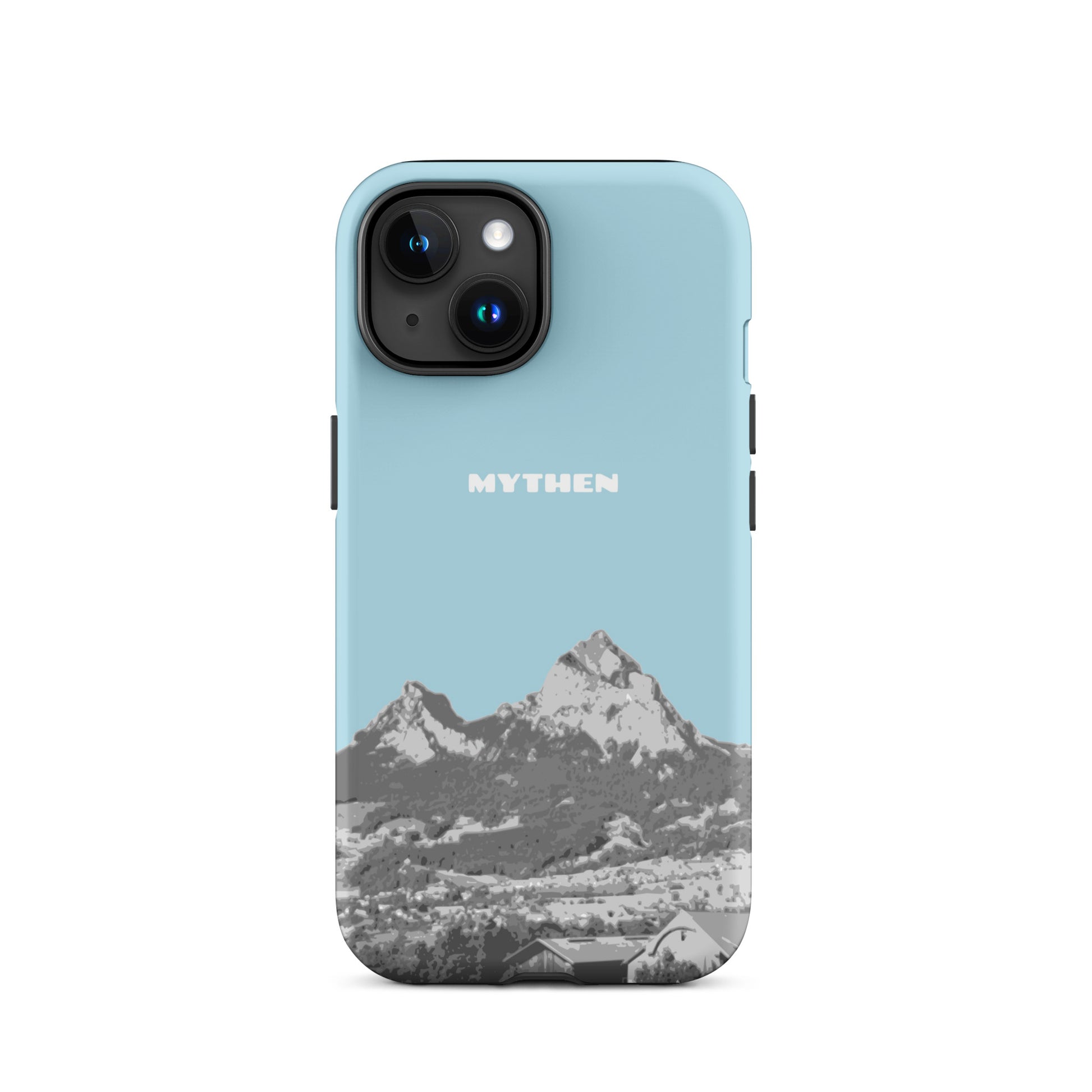 Hülle für das iPhone 15 von Apple in der Farbe Hellblau, die den Grossen Mythen und den Kleinen Mythen bei Schwyz zeigt. 
