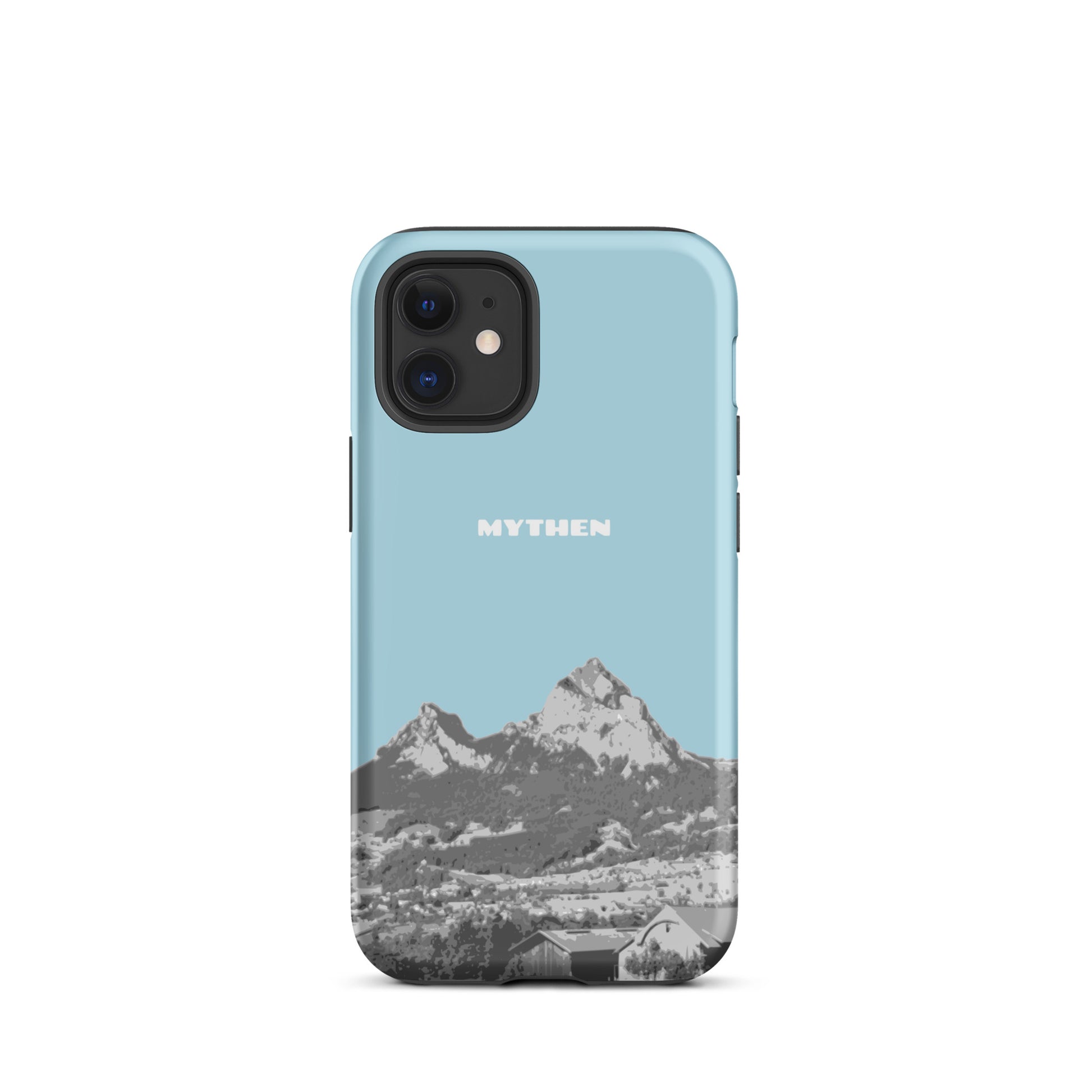 Hülle für das iPhone 12 mini von Apple in der Farbe Hellblau, die den Grossen Mythen und den Kleinen Mythen bei Schwyz zeigt. 