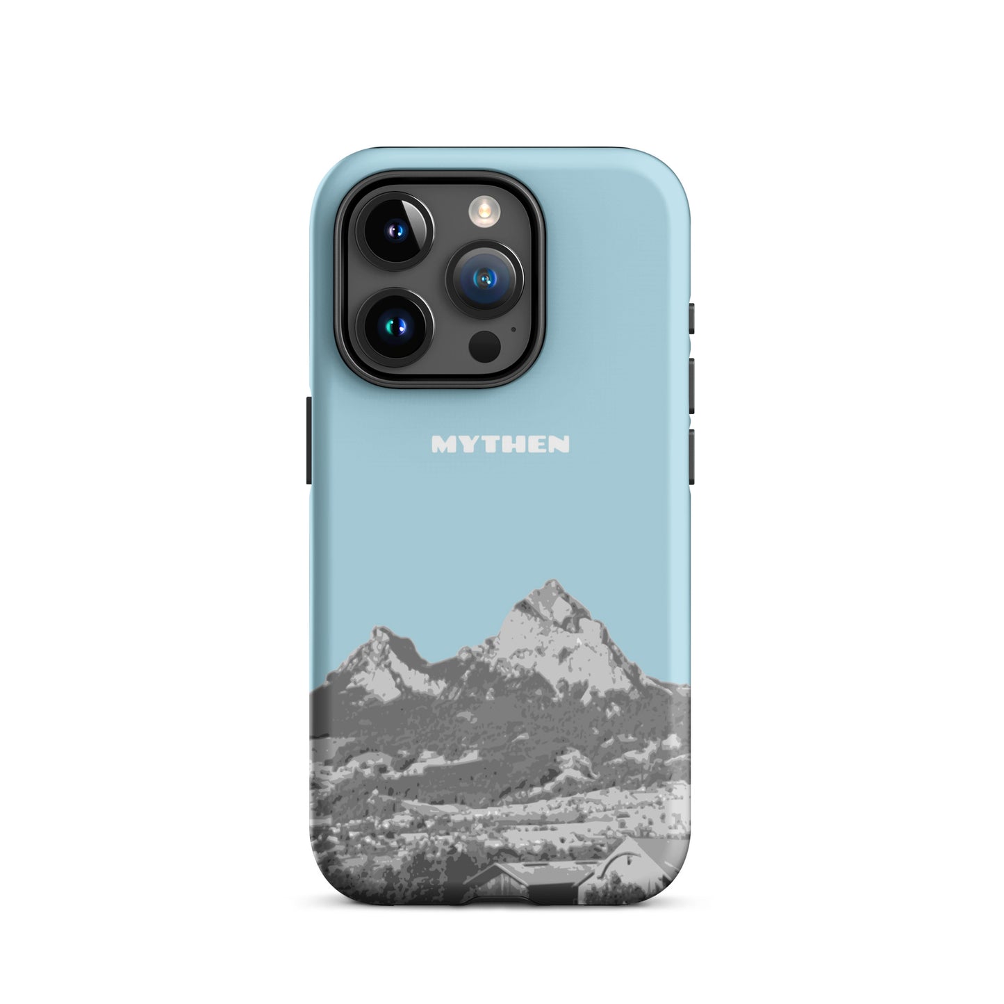 Hülle für das iPhone 15 Pro von Apple in der Farbe Hellblau, die den Grossen Mythen und den Kleinen Mythen bei Schwyz zeigt. 