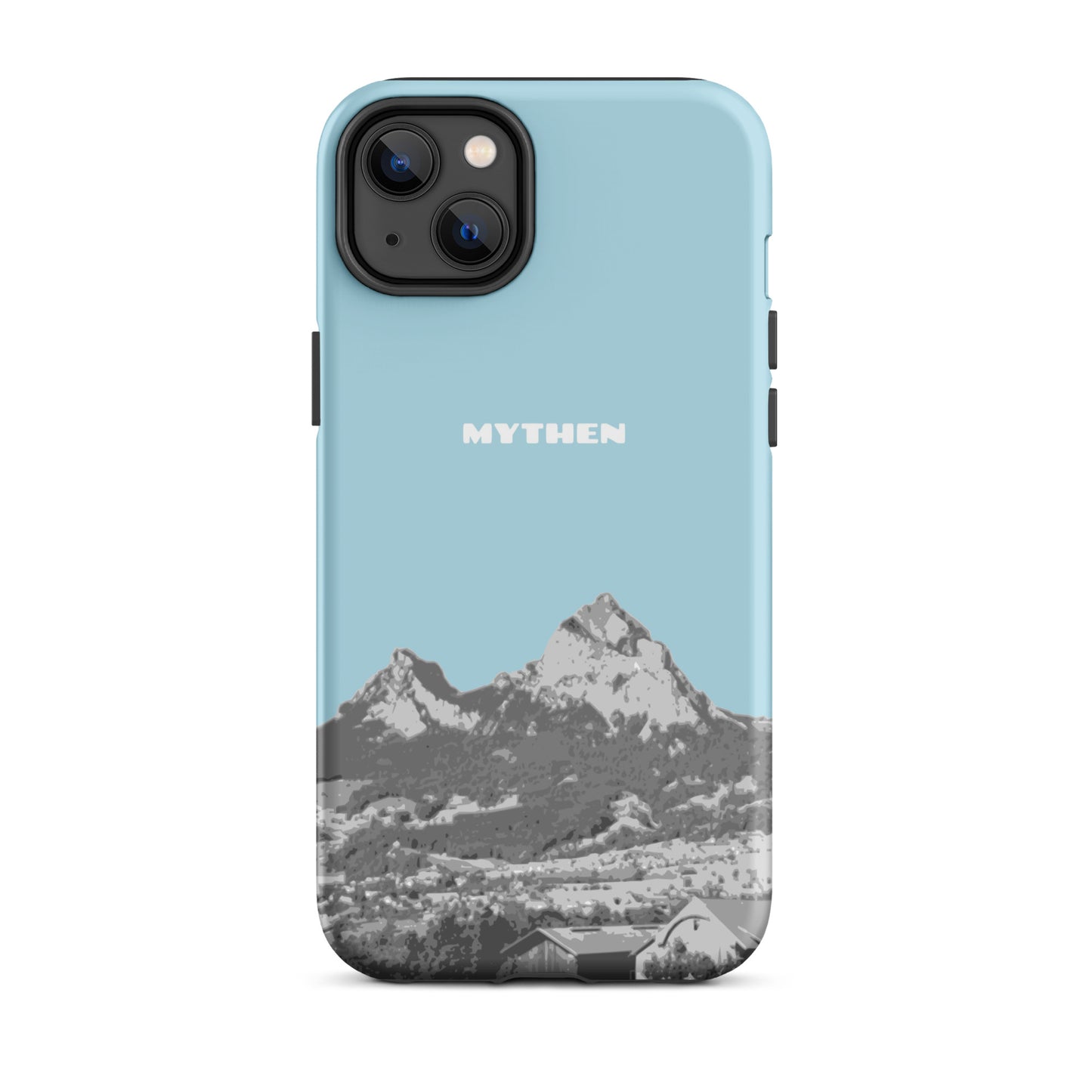Hülle für das iPhone 14 Plus von Apple in der Farbe Hellblau, die den Grossen Mythen und den Kleinen Mythen bei Schwyz zeigt. 