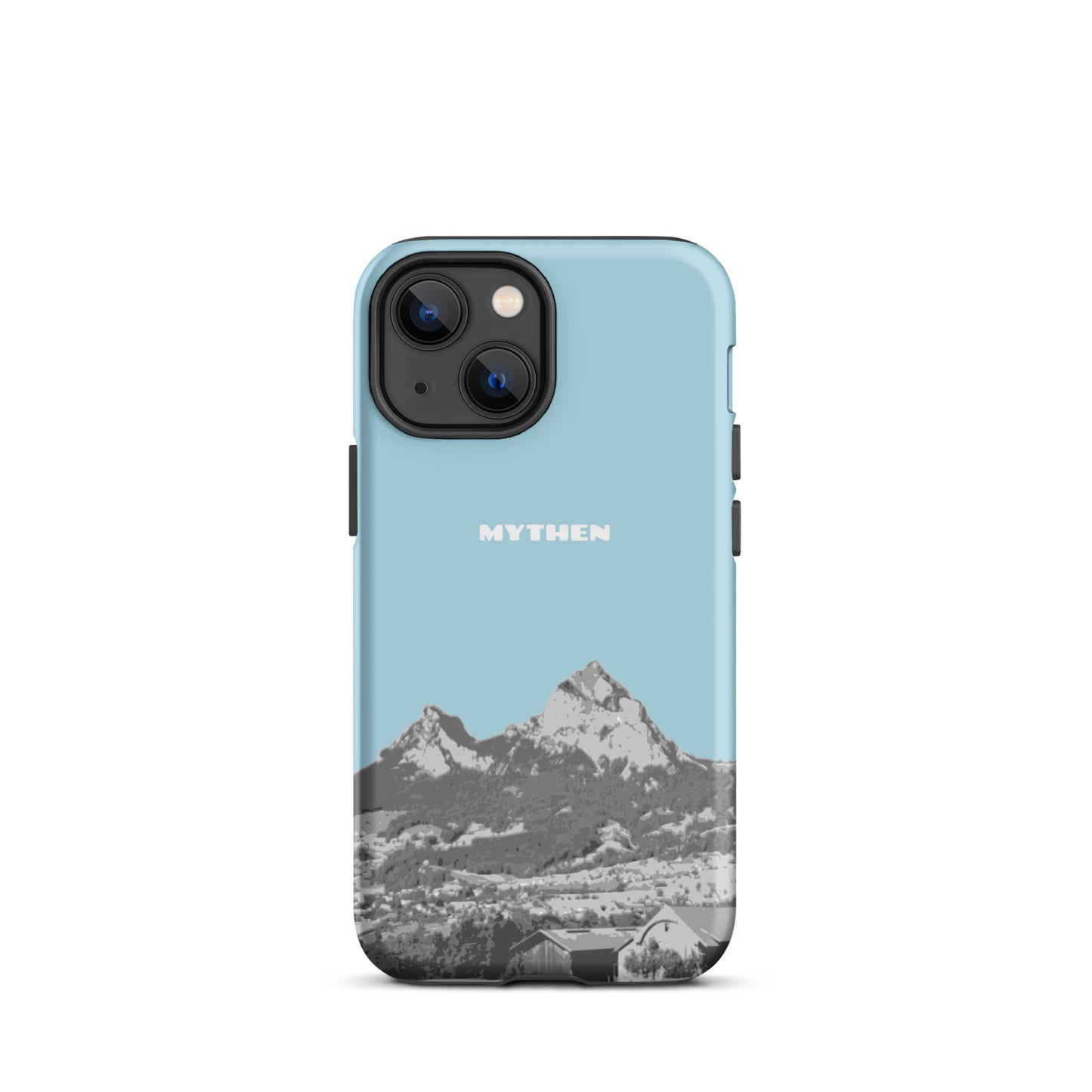Hülle für das iPhone 13 mini von Apple in der Farbe Hellblau, die den Grossen Mythen und den Kleinen Mythen bei Schwyz zeigt. 