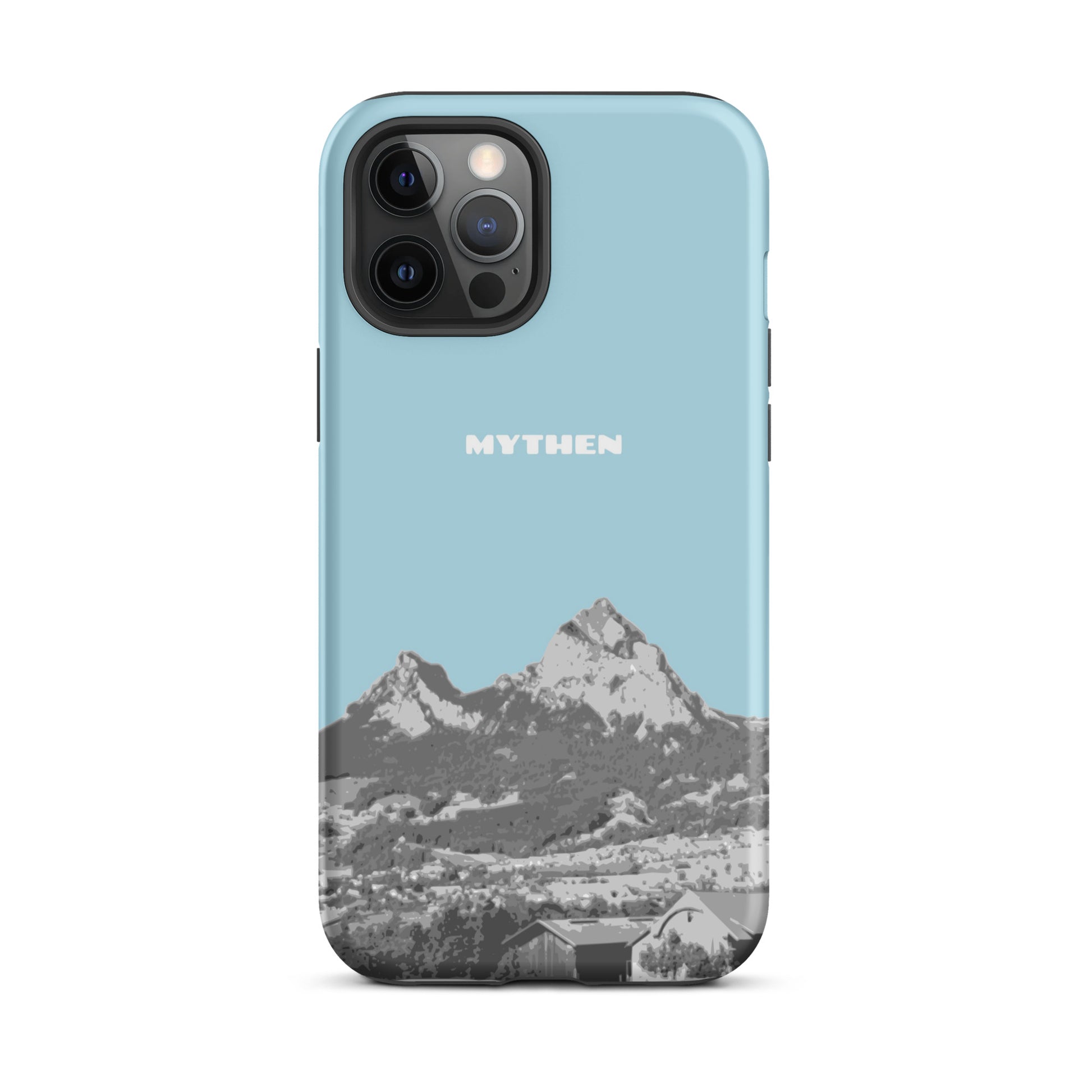 Hülle für das iPhone 12 Pro Max von Apple in der Farbe Hellblau, die den Grossen Mythen und den Kleinen Mythen bei Schwyz zeigt. 