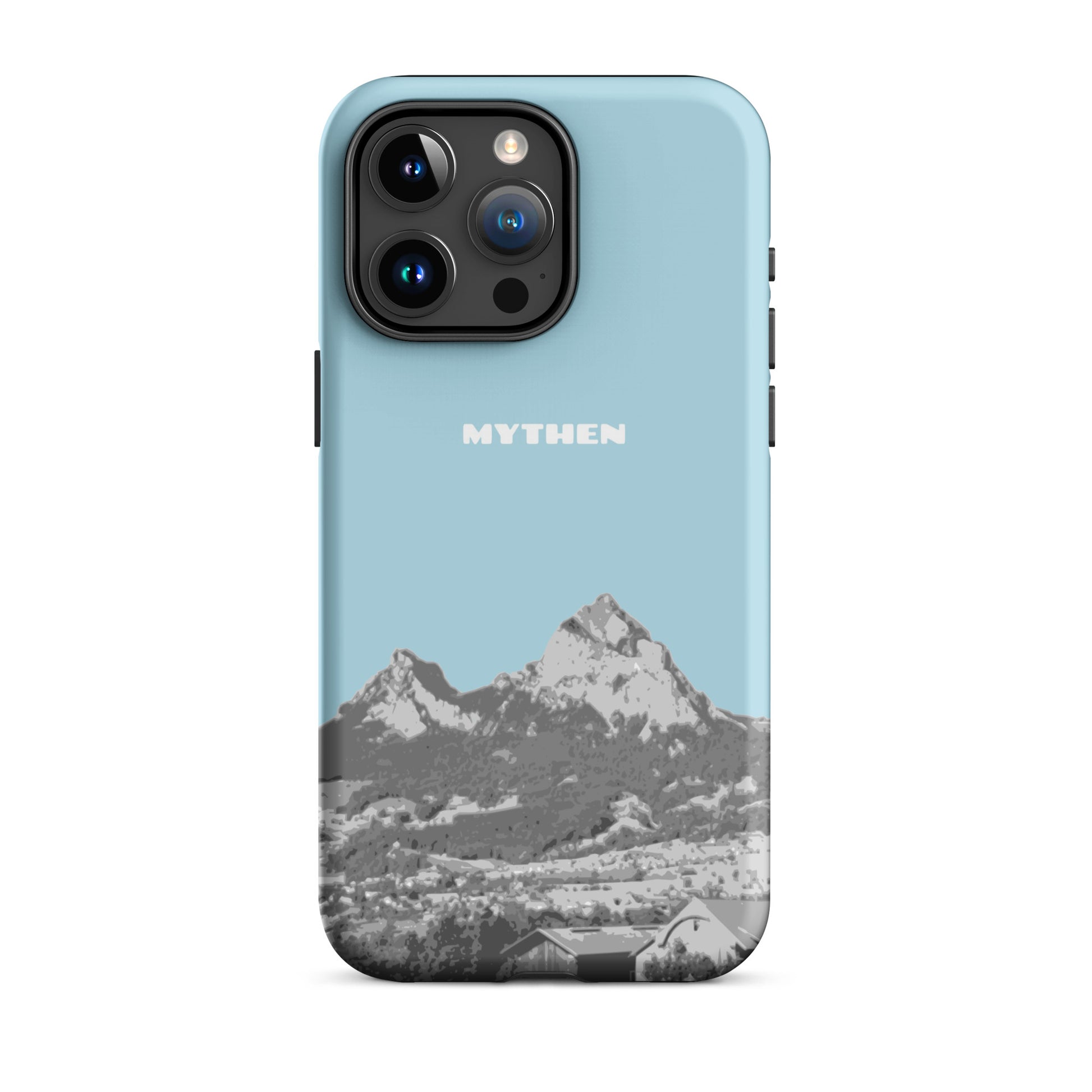 Hülle für das iPhone 15 Pro Max von Apple in der Farbe Hellblau, die den Grossen Mythen und den Kleinen Mythen bei Schwyz zeigt. 