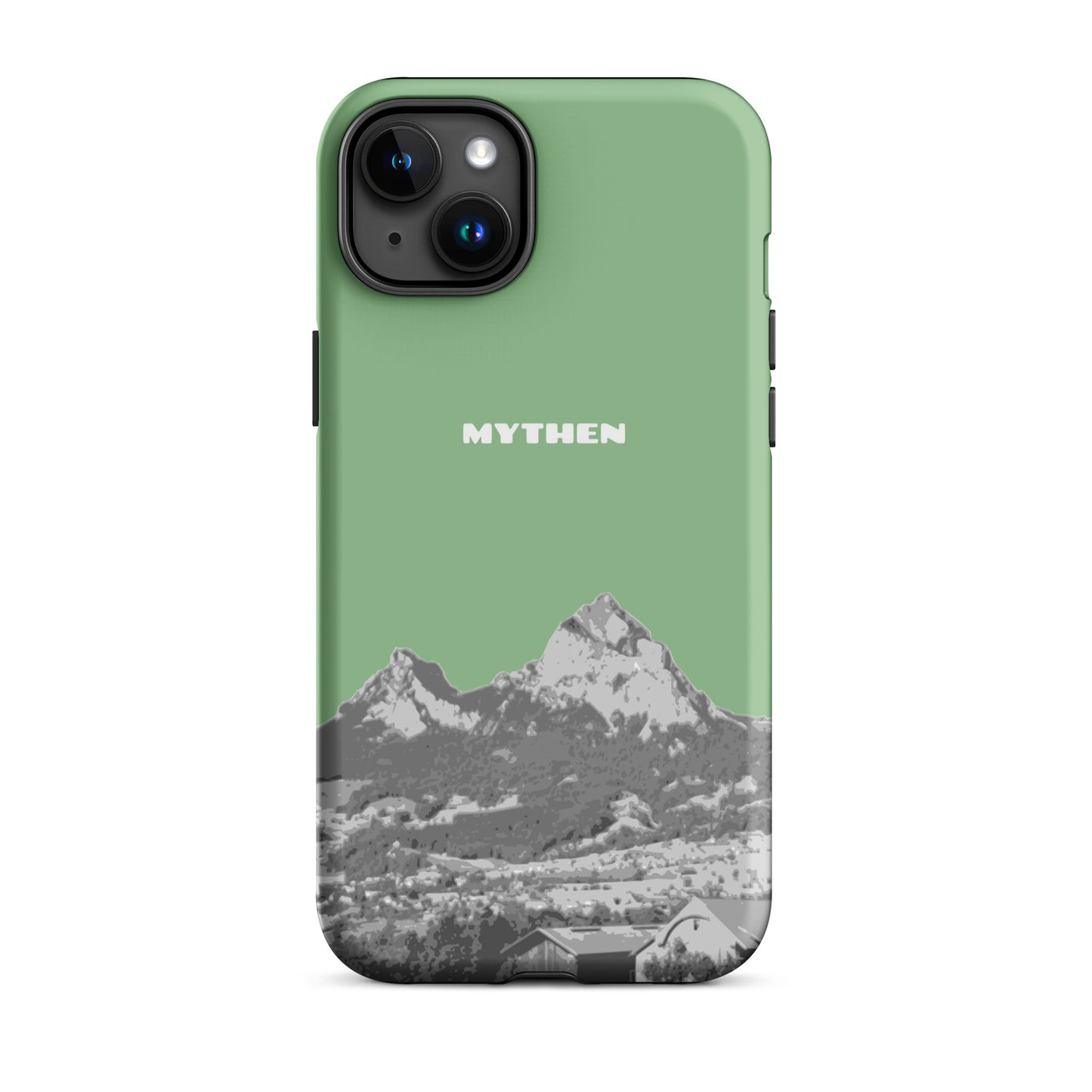 Hülle für das iPhone 15 Plus von Apple in der Farbe Hellgrün, dass den Grossen Mythen und den Kleinen Mythen bei Schwyz zeigt. 
