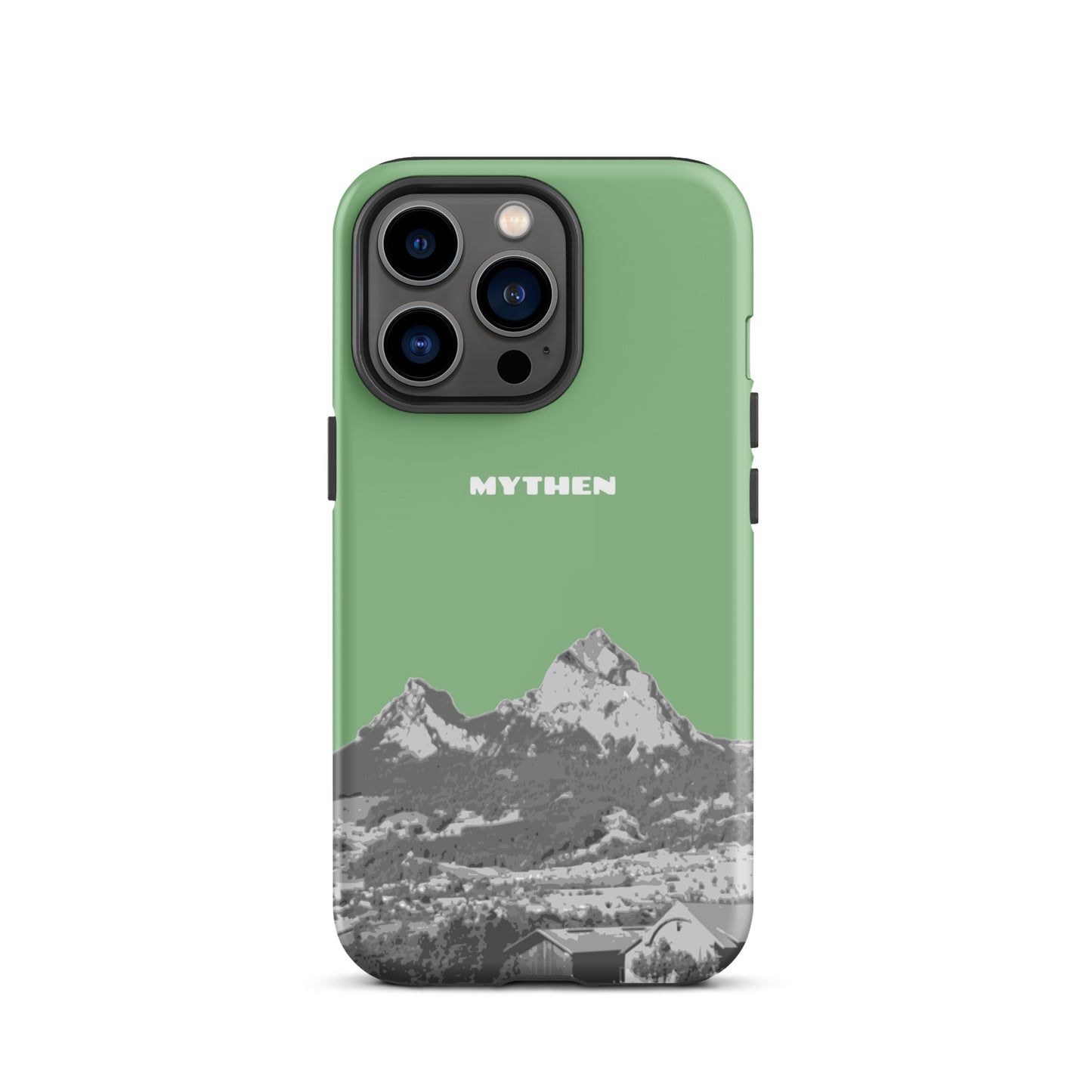 Hülle für das iPhone 13 Pro von Apple in der Farbe Hellgrün, dass den Grossen Mythen und den Kleinen Mythen bei Schwyz zeigt. 