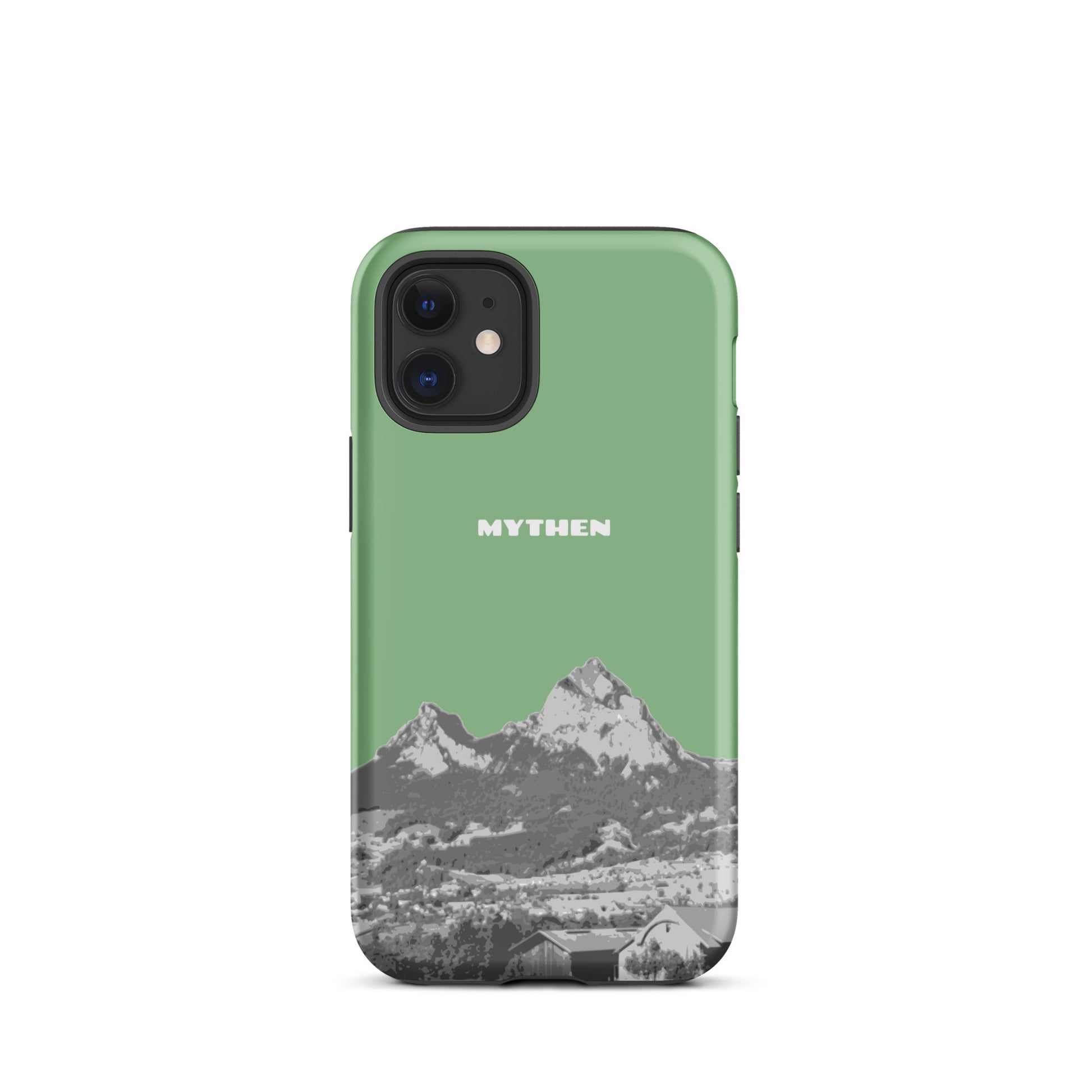 Hülle für das iPhone 12 mini von Apple in der Farbe Hellgrün, dass den Grossen Mythen und den Kleinen Mythen bei Schwyz zeigt. 