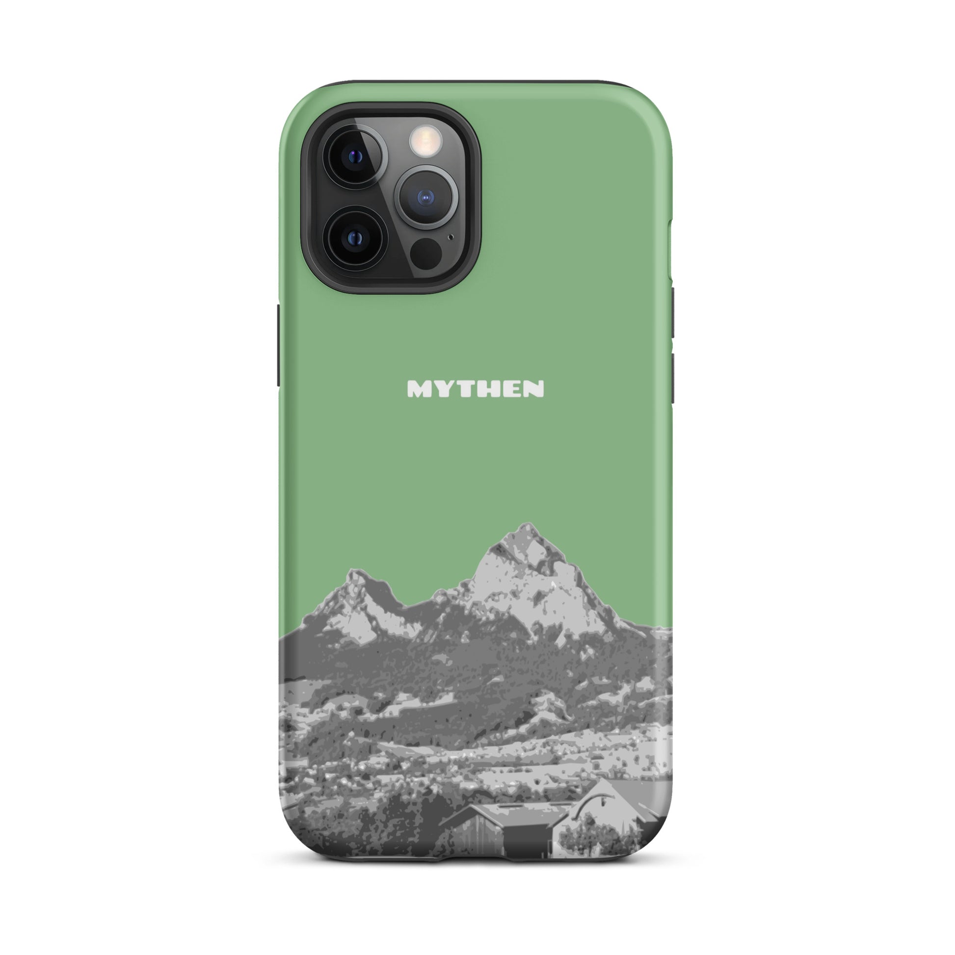 Hülle für das iPhone 12 Pro Max von Apple in der Farbe Hellgrün, dass den Grossen Mythen und den Kleinen Mythen bei Schwyz zeigt. 