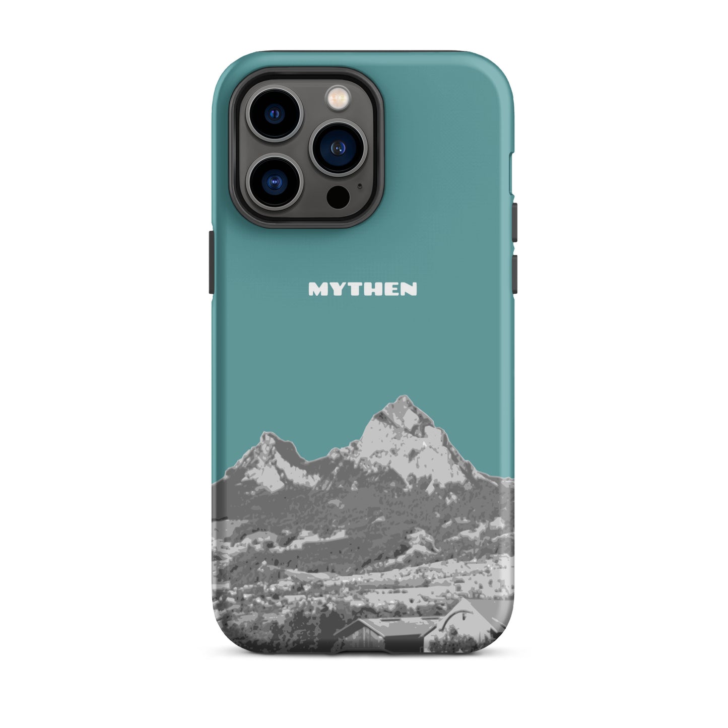 Hülle für das iPhone 14 Pro Max von Apple in der Farbe Kadettenblau, dass den Grossen Mythen und den Kleinen Mythen bei Schwyz zeigt. 