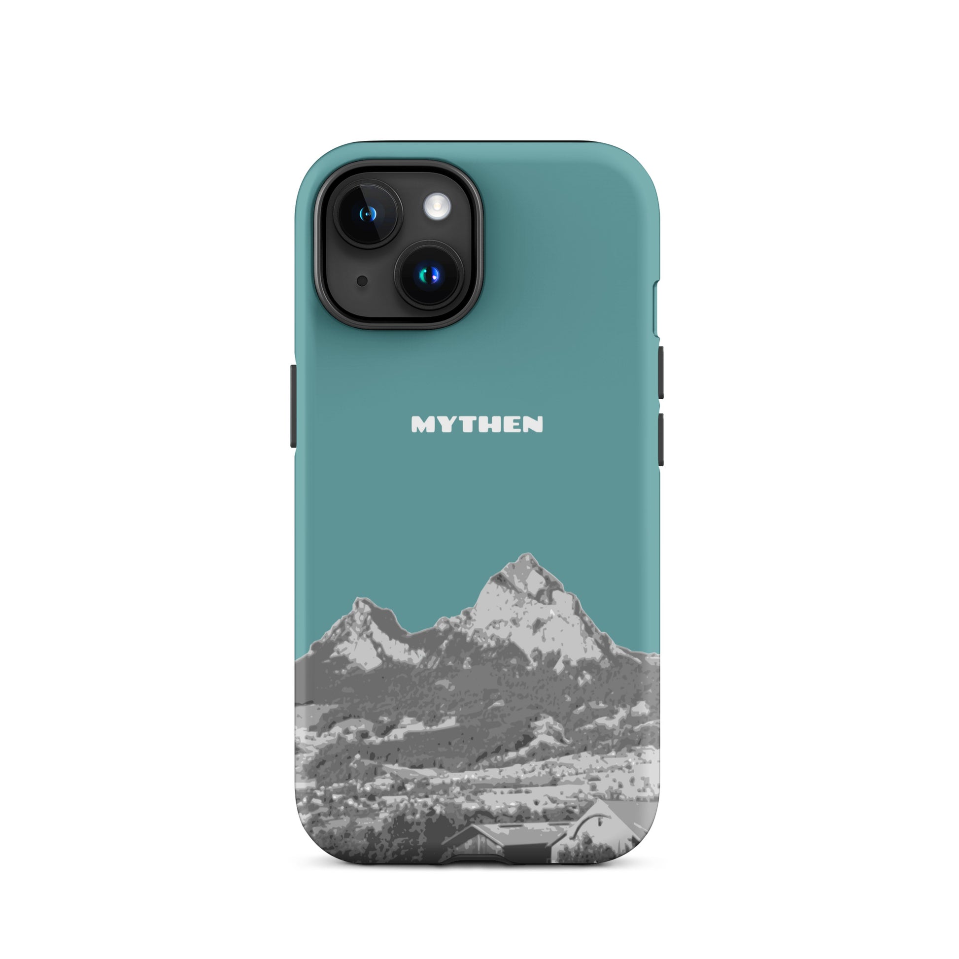 Hülle für das iPhone 15 von Apple in der Farbe Kadettenblau, dass den Grossen Mythen und den Kleinen Mythen bei Schwyz zeigt. 