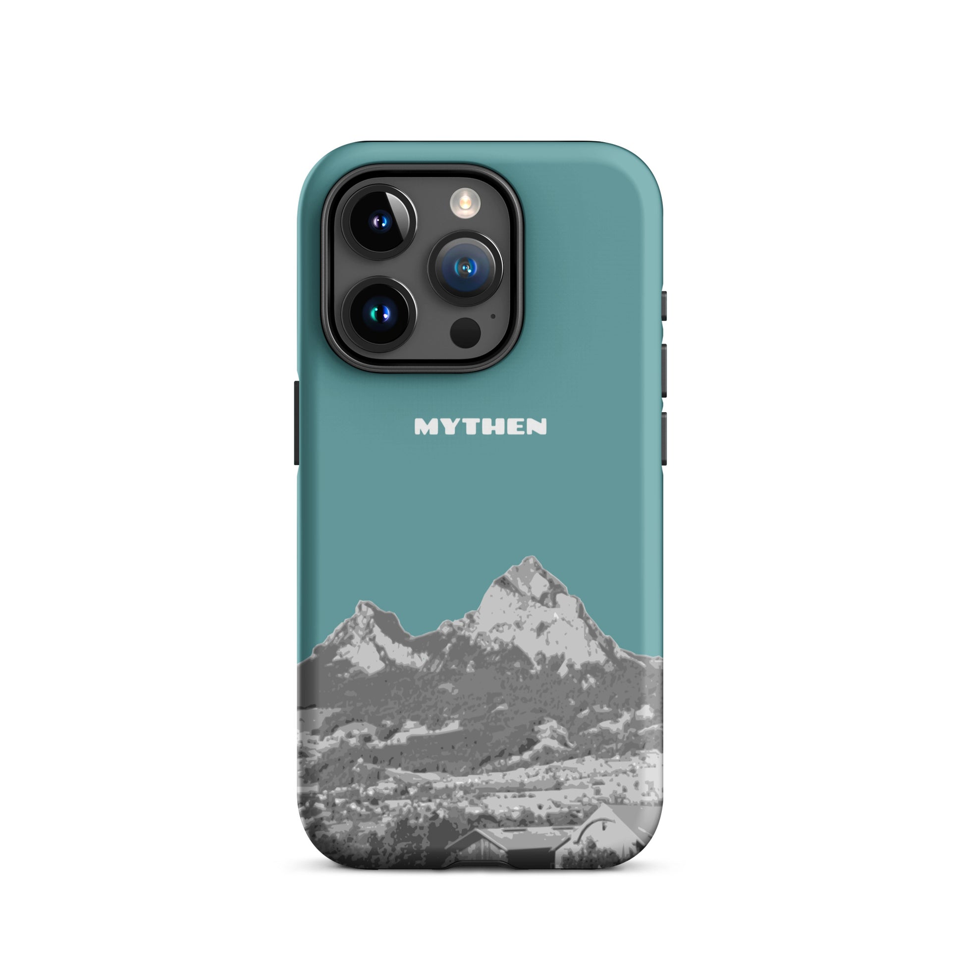 Hülle für das iPhone 15 Pro von Apple in der Farbe Kadettenblau, dass den Grossen Mythen und den Kleinen Mythen bei Schwyz zeigt. 