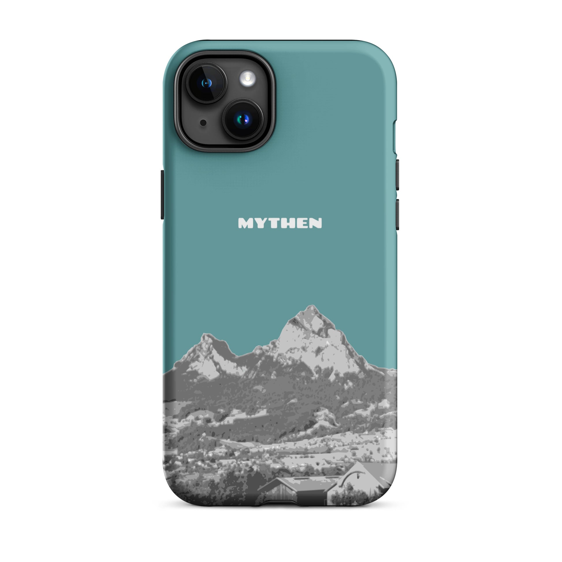 Hülle für das iPhone 15 Plus von Apple in der Farbe Kadettenblau, dass den Grossen Mythen und den Kleinen Mythen bei Schwyz zeigt. 