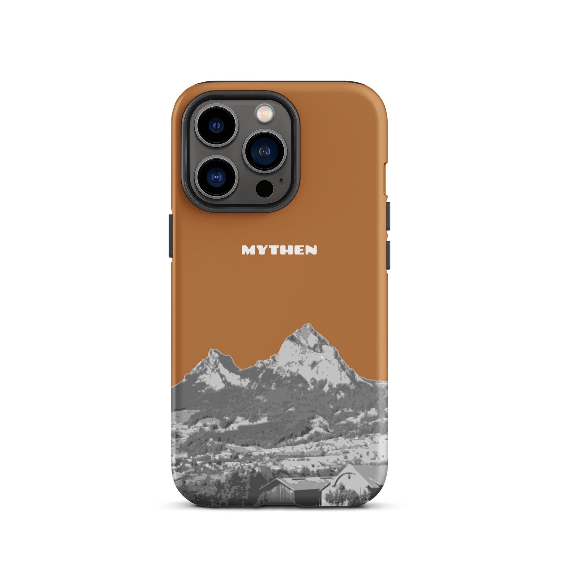 Hülle für das iPhone 13 Pro von Apple in der Farbe Kupfer, dass den Grossen Mythen und den Kleinen Mythen bei Schwyz zeigt. 