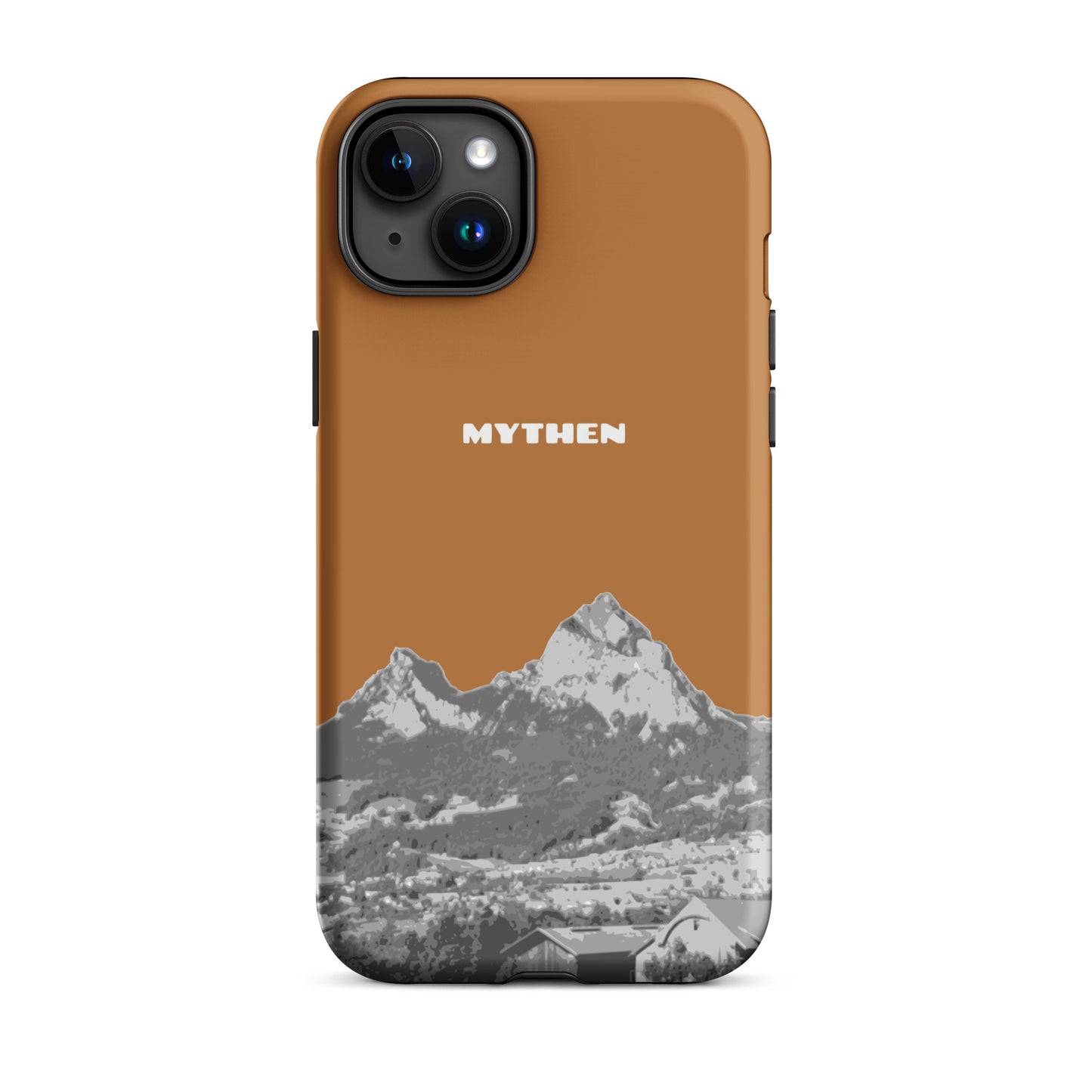 Hülle für das iPhone 15 Plus von Apple in der Farbe Kupfer, dass den Grossen Mythen und den Kleinen Mythen bei Schwyz zeigt. 