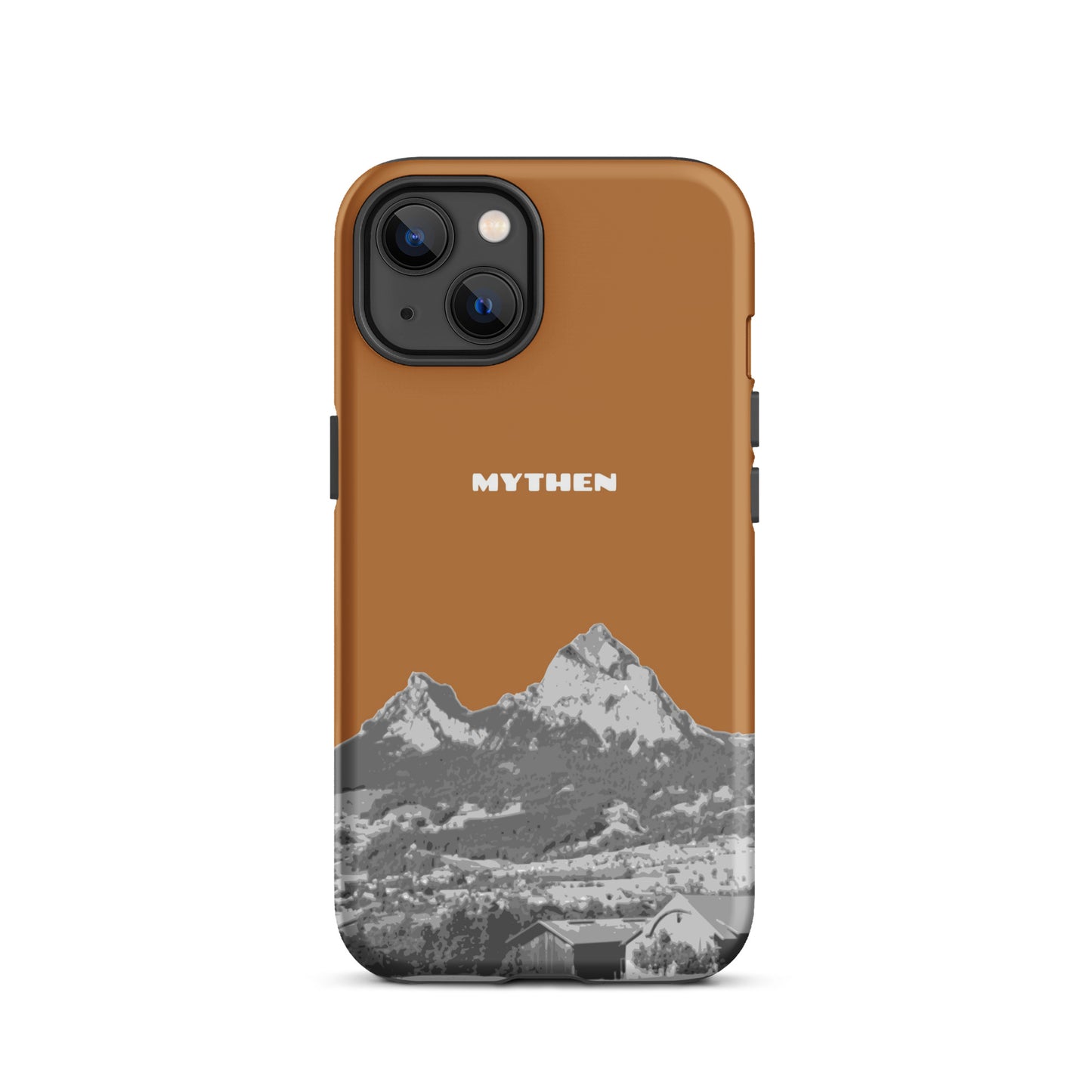 Hülle für das iPhone 13 von Apple in der Farbe Kupfer, dass den Grossen Mythen und den Kleinen Mythen bei Schwyz zeigt. 