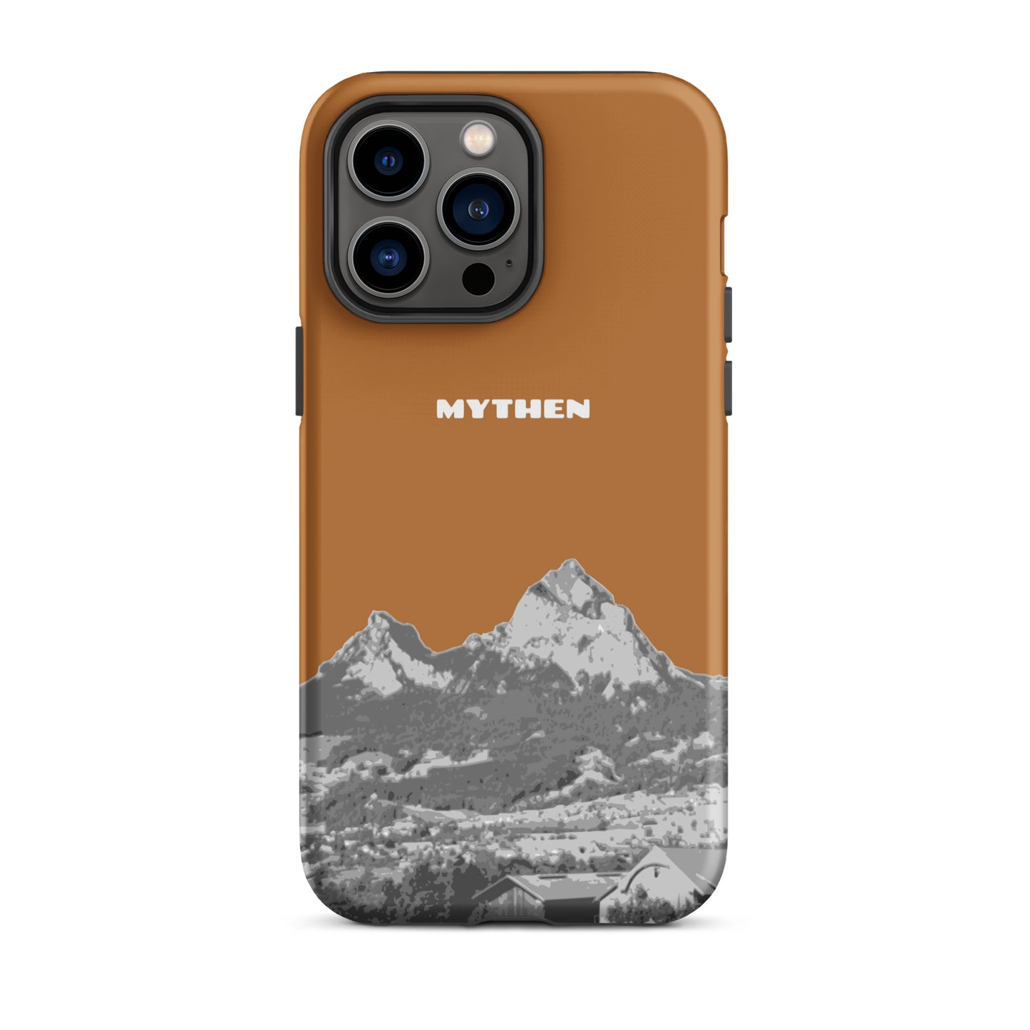 Hülle für das iPhone 14 Pro Max von Apple in der Farbe Kupfer, dass den Grossen Mythen und den Kleinen Mythen bei Schwyz zeigt. 