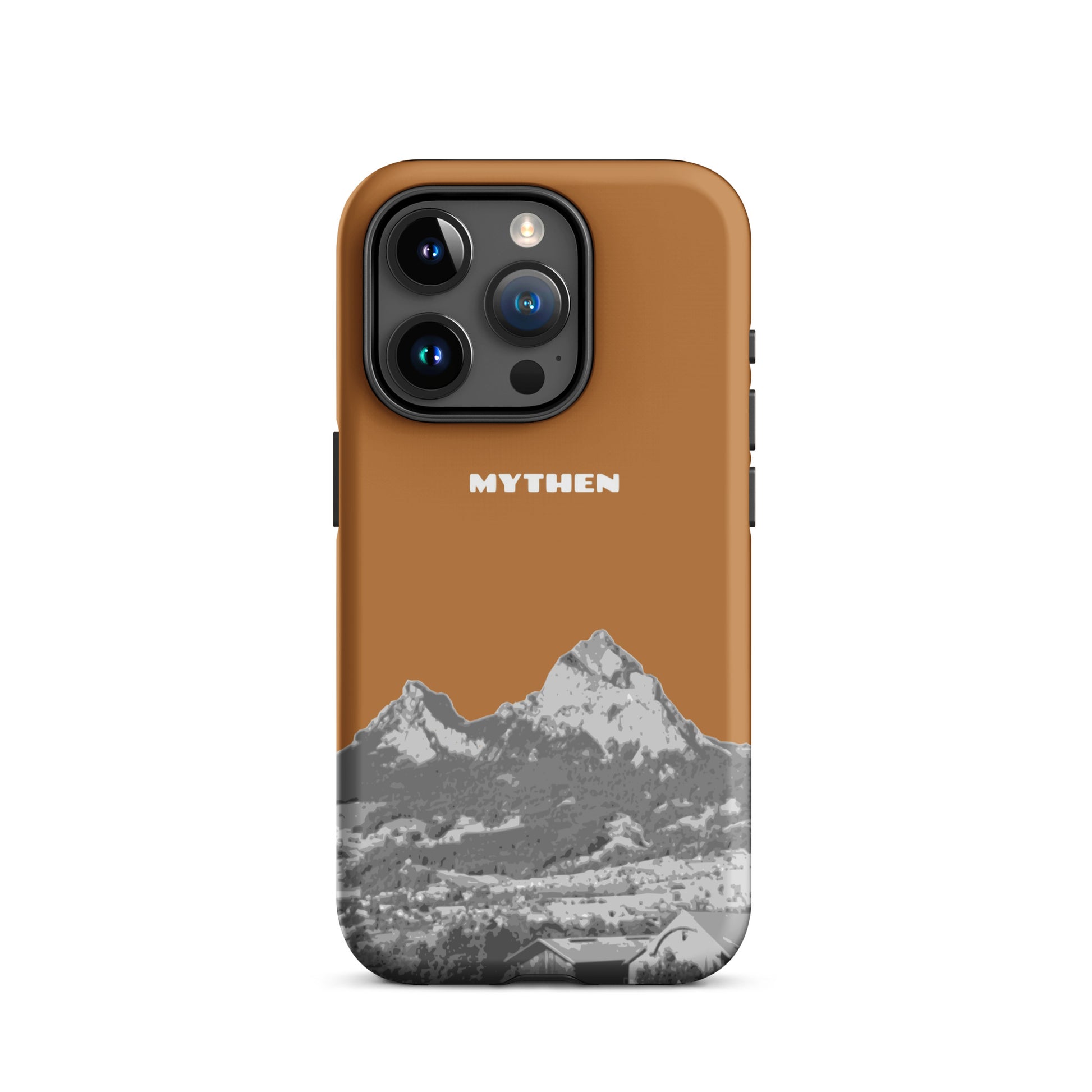Hülle für das iPhone 15 Pro von Apple in der Farbe Kupfer, dass den Grossen Mythen und den Kleinen Mythen bei Schwyz zeigt. 