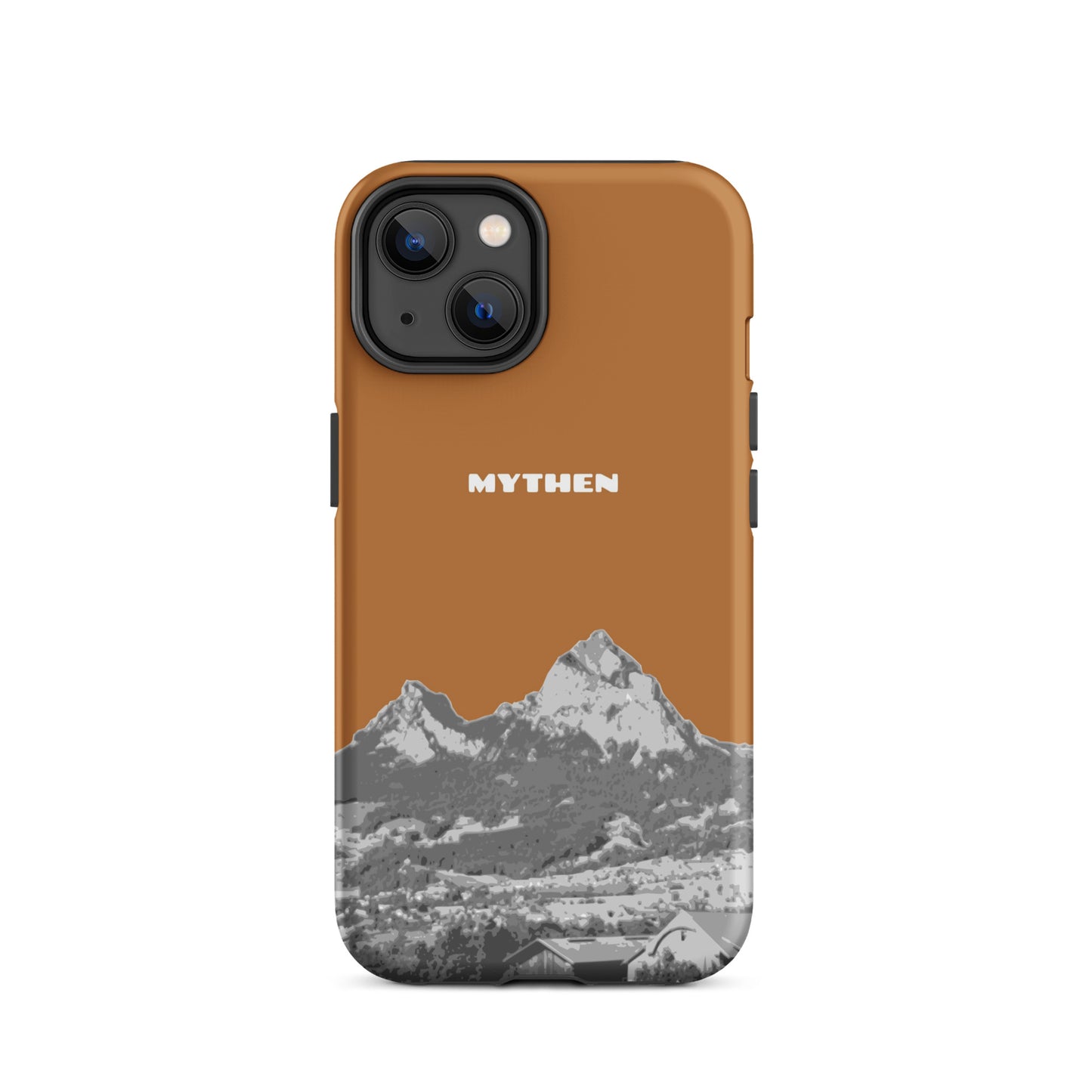 Hülle für das iPhone 14 von Apple in der Farbe Kupfer, dass den Grossen Mythen und den Kleinen Mythen bei Schwyz zeigt. 